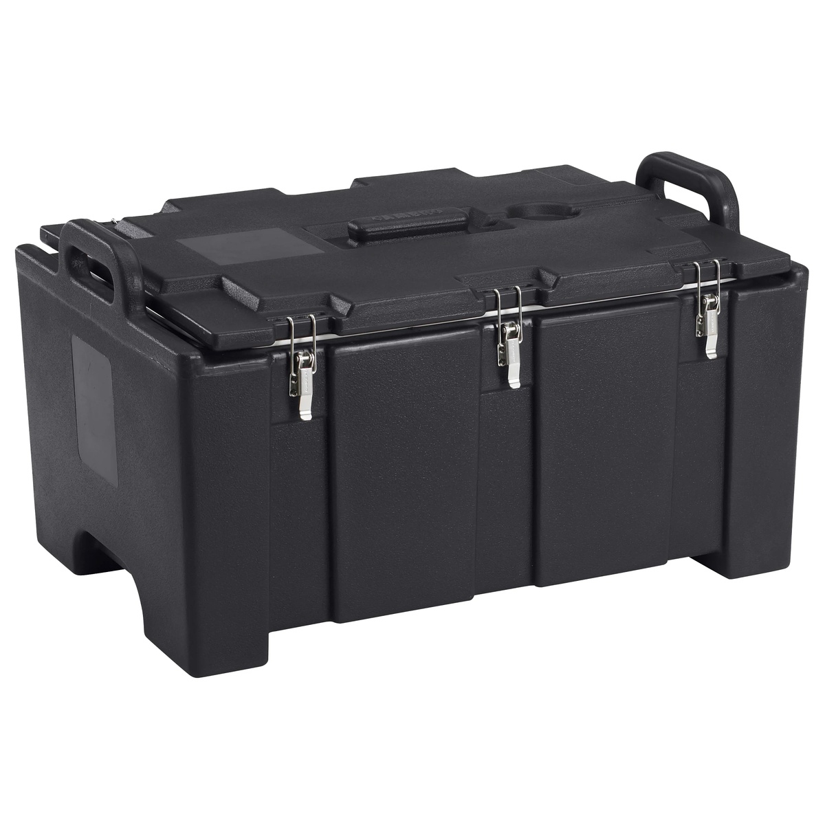 Cambro 100MPC110 black top-loading insulated food pan carrier with six metal latches and molded-in handles