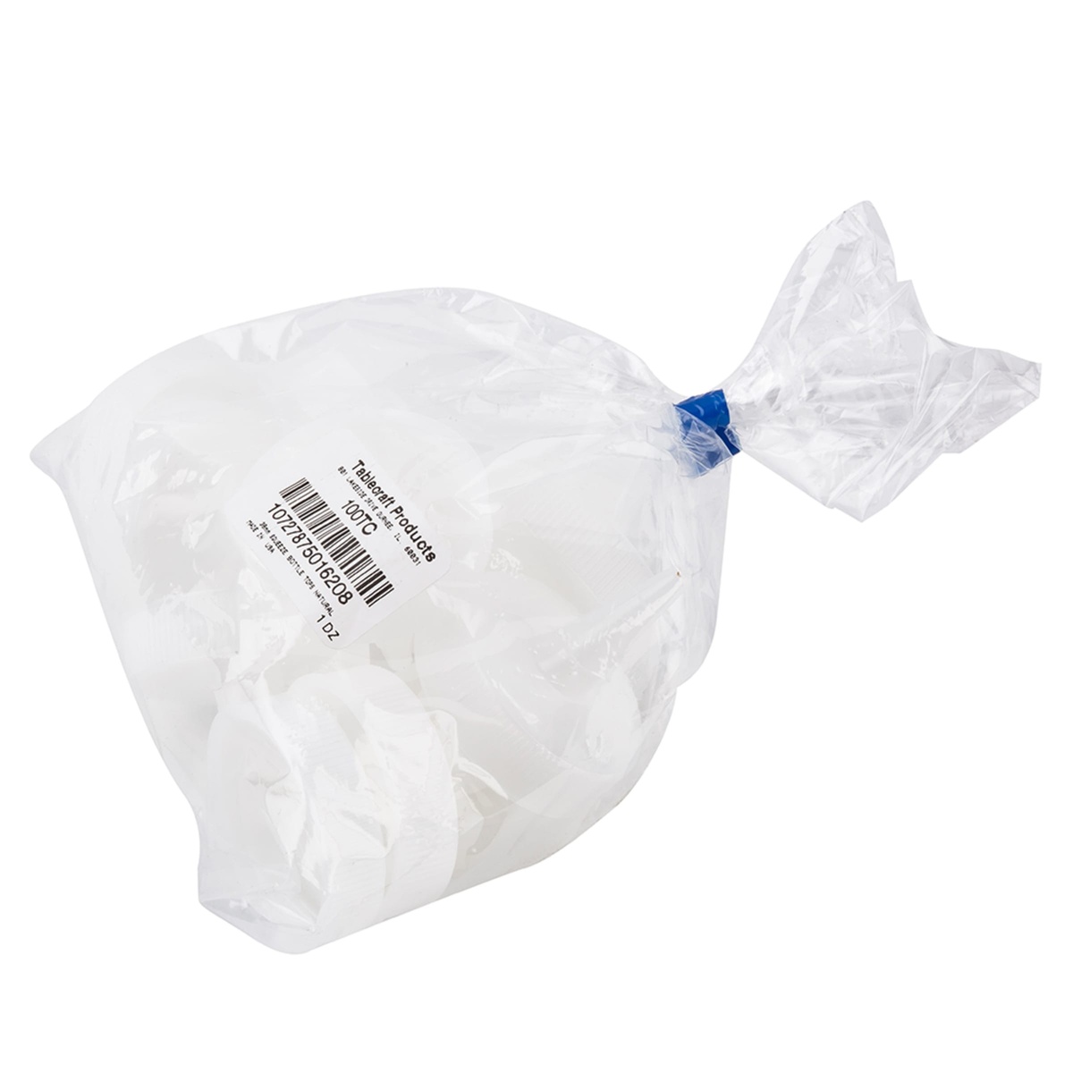 Bag of Tablecraft 100TC cone tip caps sealed with a label showing model number 100TC and barcode