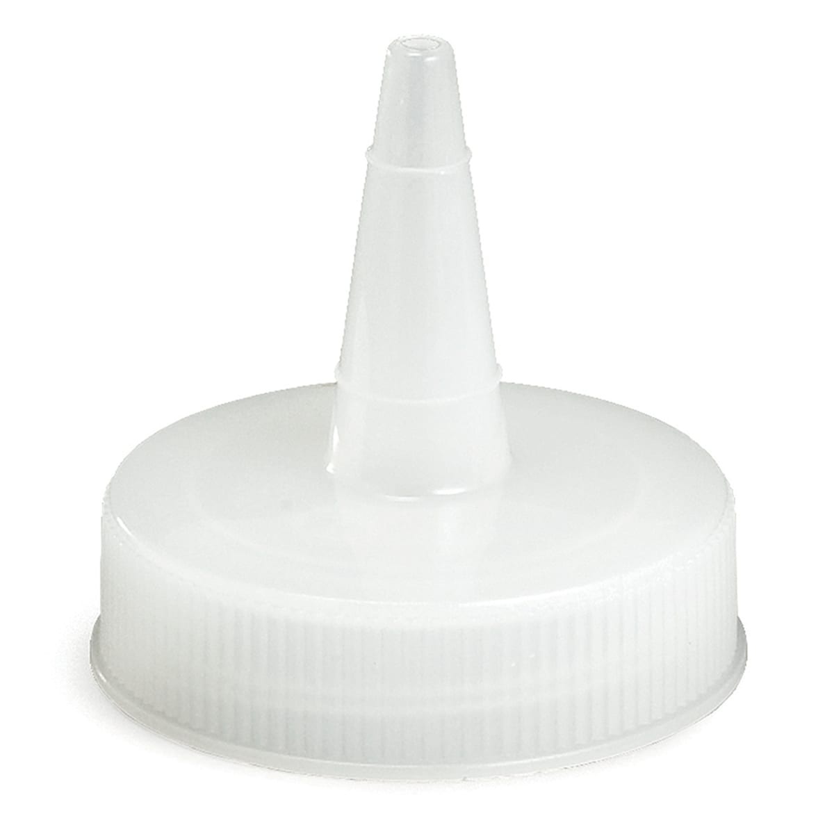 Tablecraft 100TC white cone tip cap for squeeze bottles, upright front view showing threaded base and narrow tip
