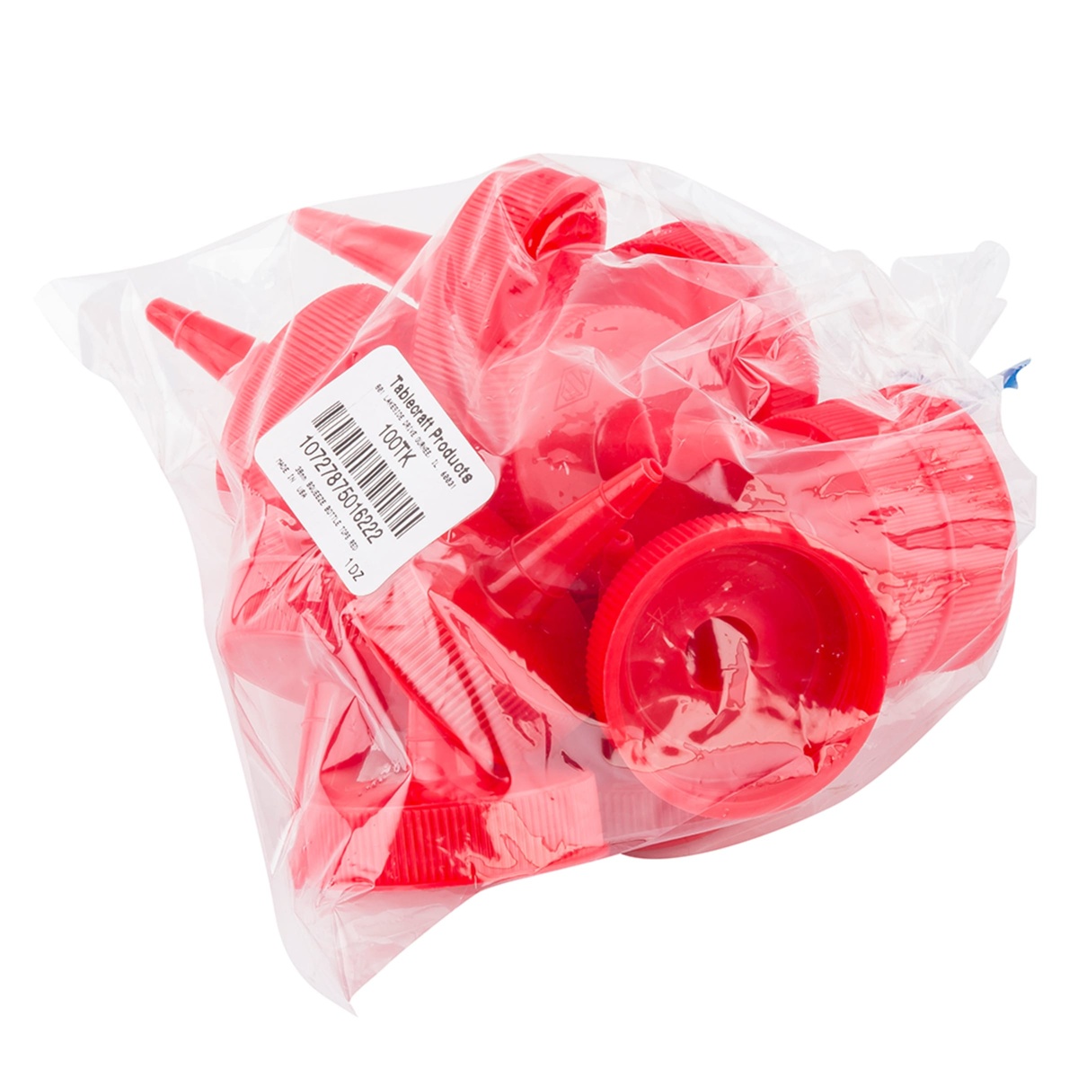 Tablecraft 100TK red cone tip caps packaged together in a clear poly bag with product label