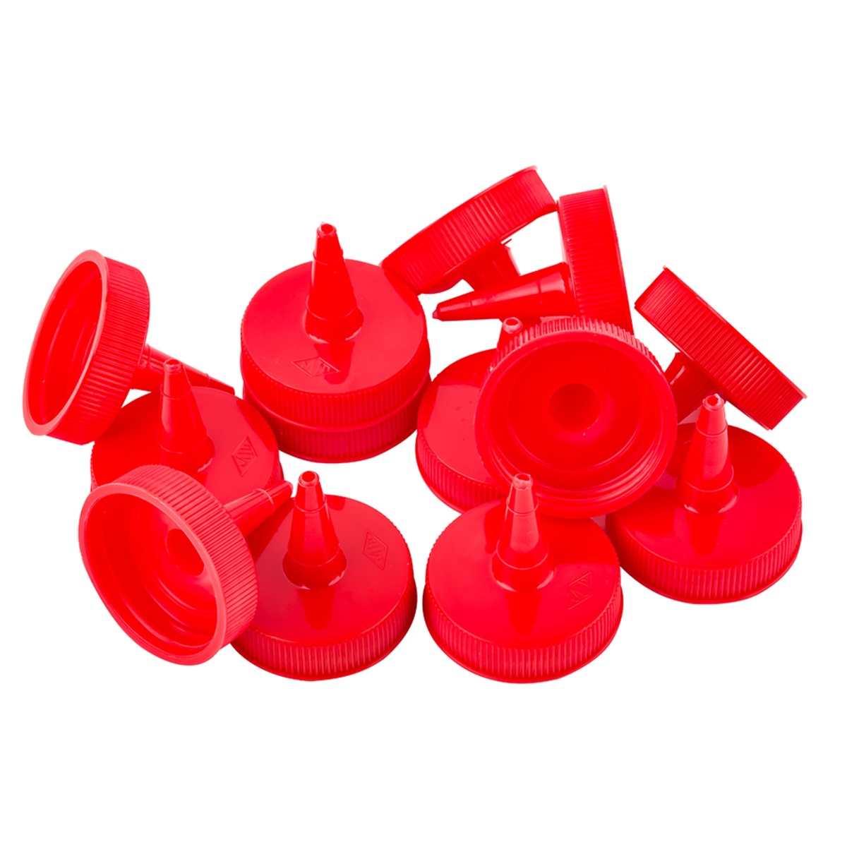 Multiple Tablecraft 100TK red cone tip caps arranged loosely, showing quantity and consistent design