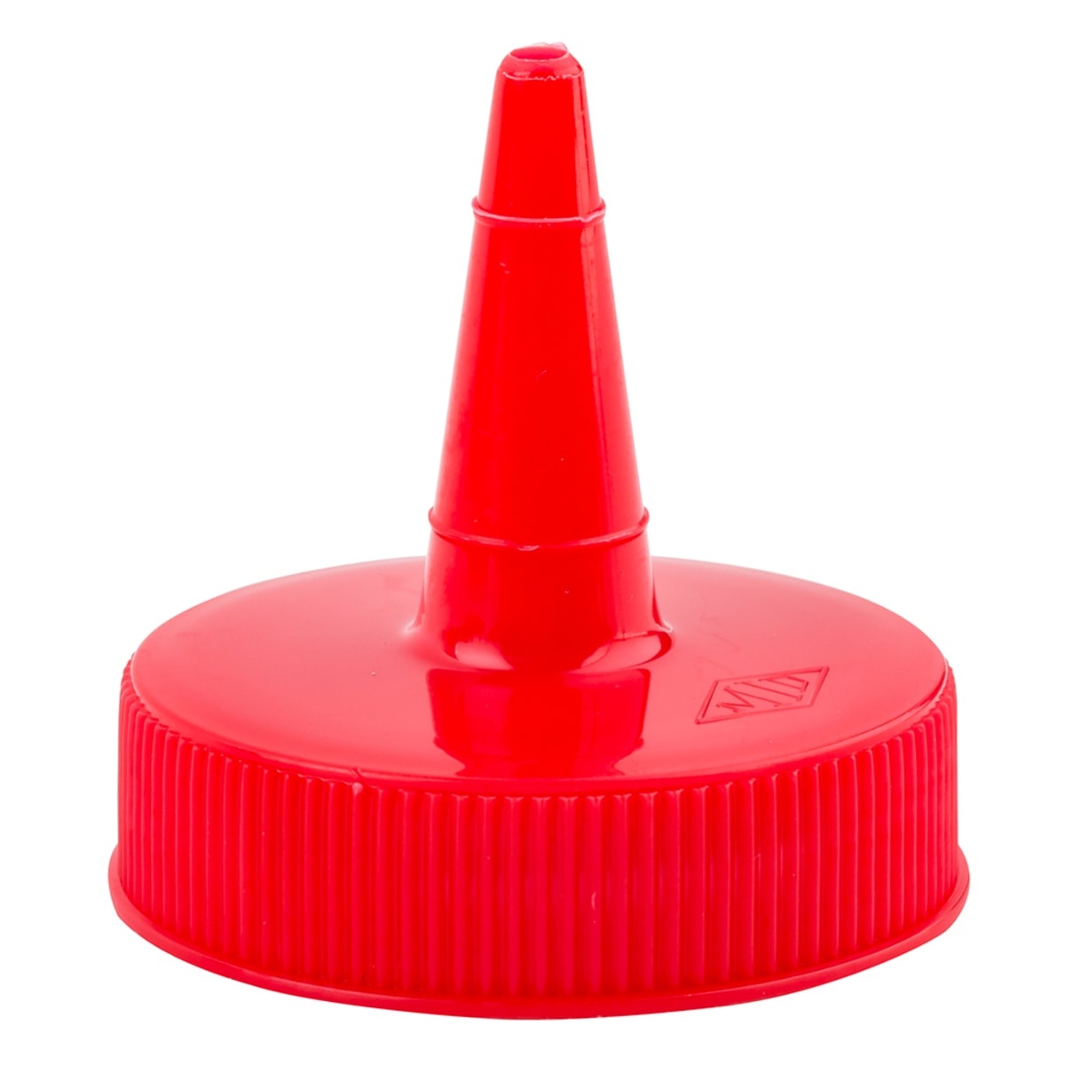 Tablecraft 100TK red cone tip cap for squeeze bottles, front view showing screw threads and pointed tip