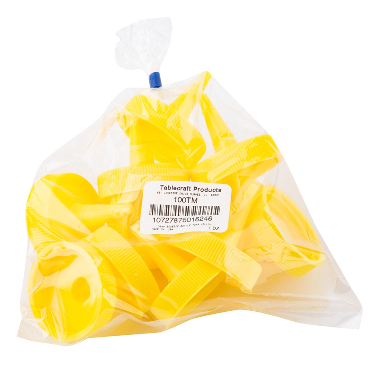 Tablecraft 100TM yellow squeeze bottle caps packaged in a clear plastic bag with product label