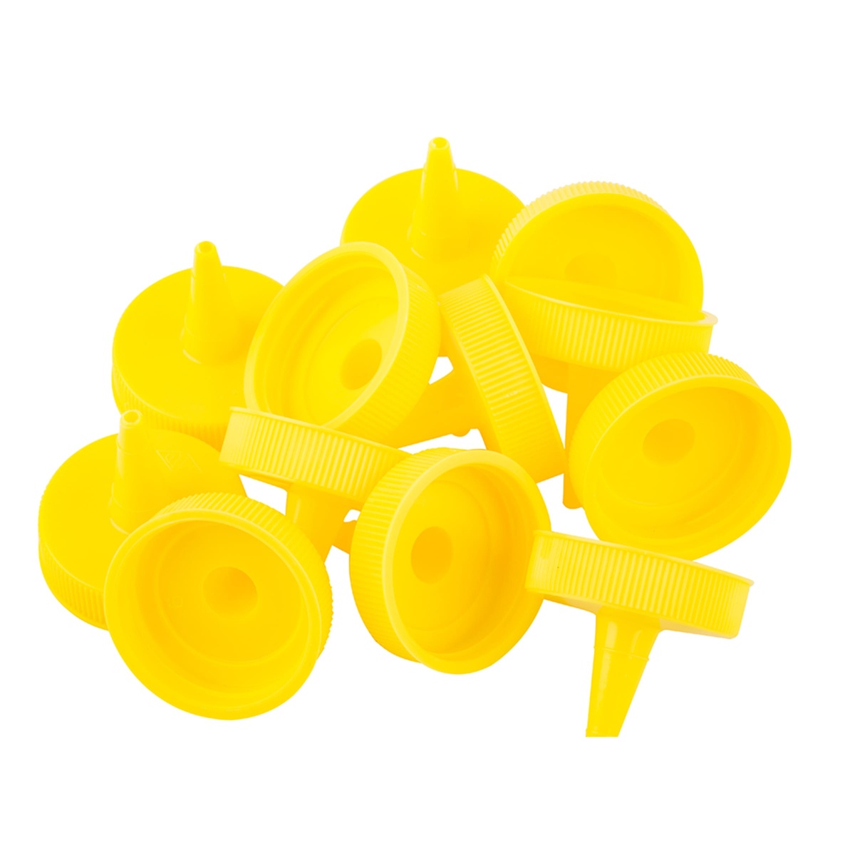 Multiple yellow Tablecraft 100TM squeeze bottle caps grouped together on white background