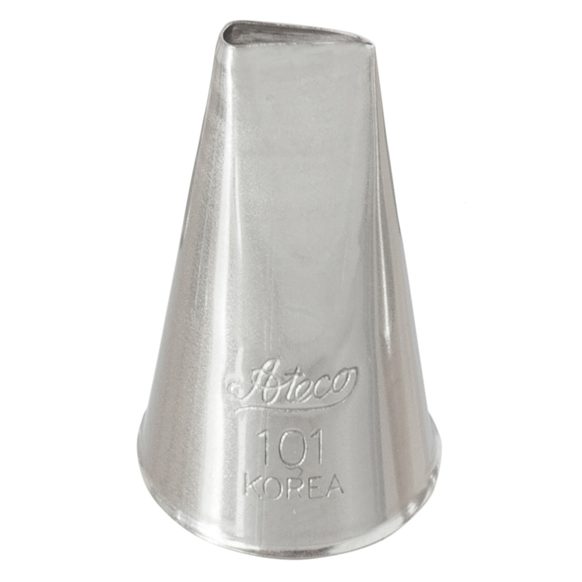 Ateco 101 small rose petal stainless steel piping tip, cone-shaped with petal opening, engraved Ateco logo and number 101