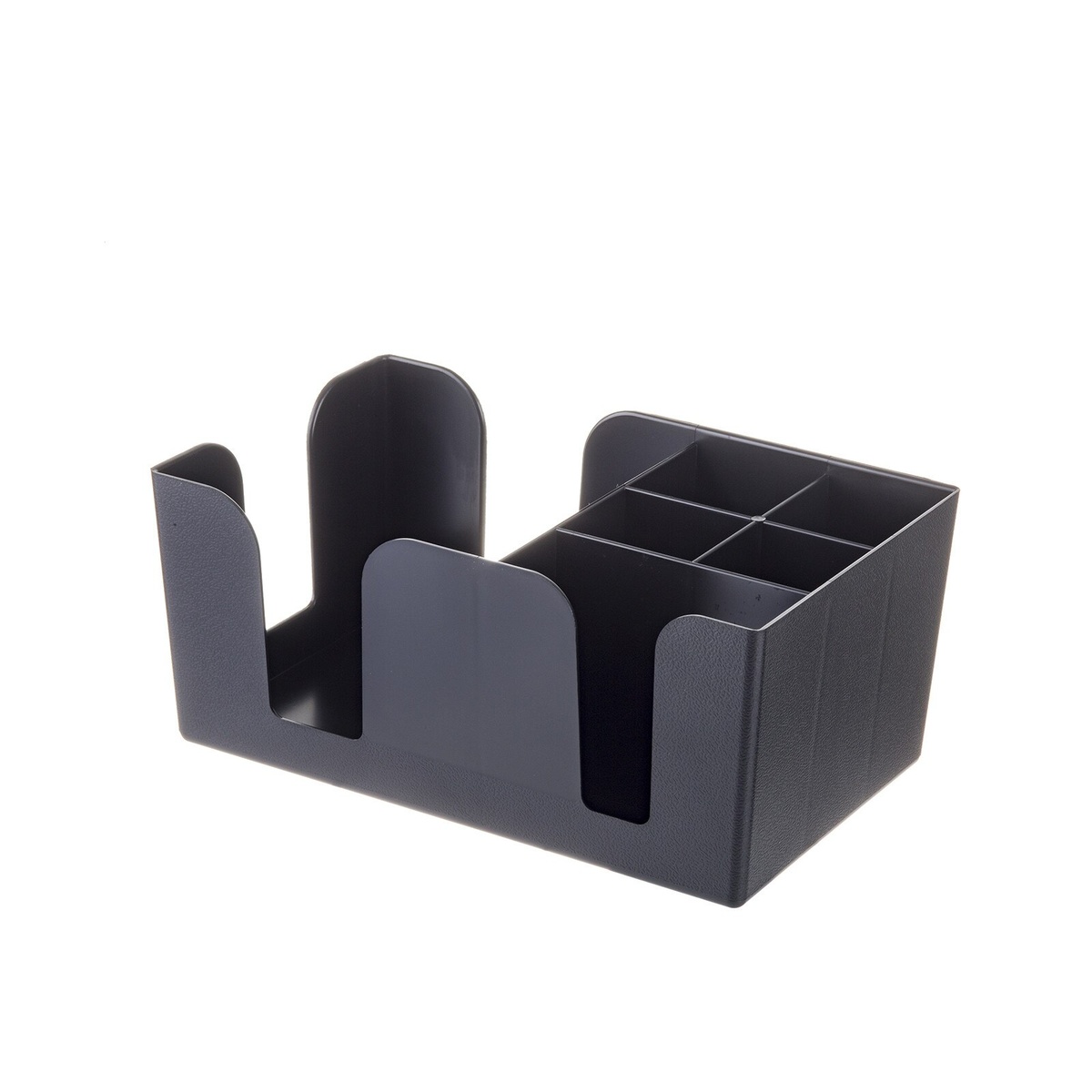 TableCraft 101 black bar caddy showing divided small compartments and open napkin bay from a rear angle