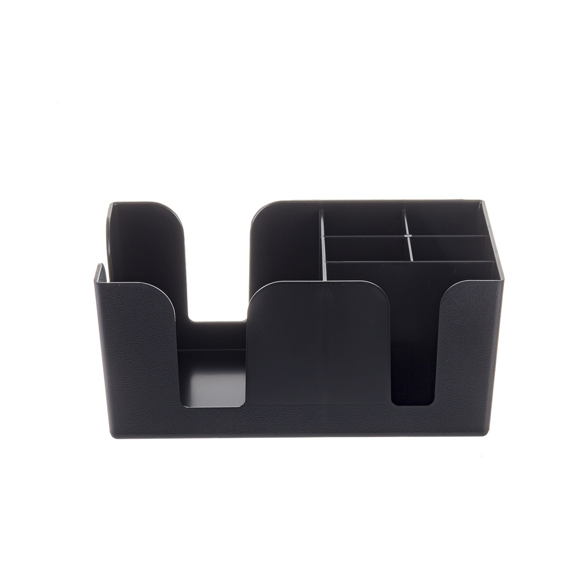 TableCraft 101 black ABS plastic bar caddy organizer showing six compartments from front angle