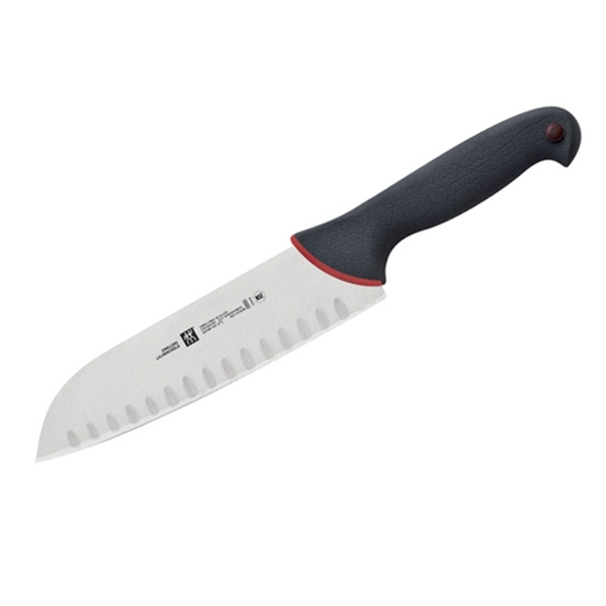 Zwilling J.A. Henckels KolorID 7-inch Granton Santoku Knife with dark ergonomic handle and colored ID button