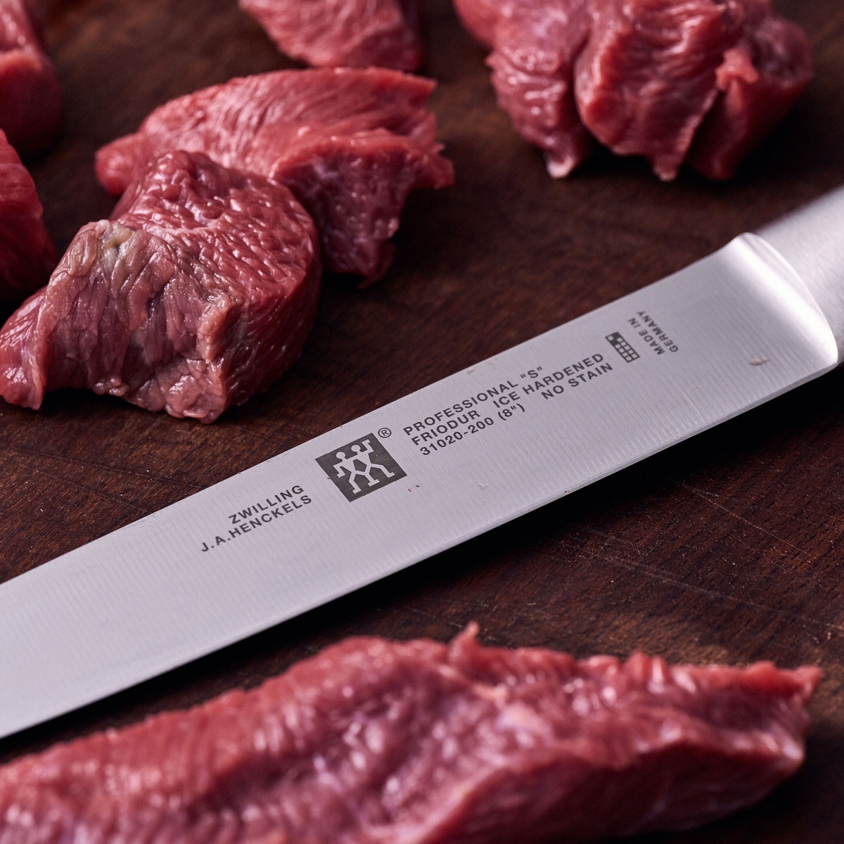 Close up of the Zwilling Professional S blade markings and high carbon steel texture