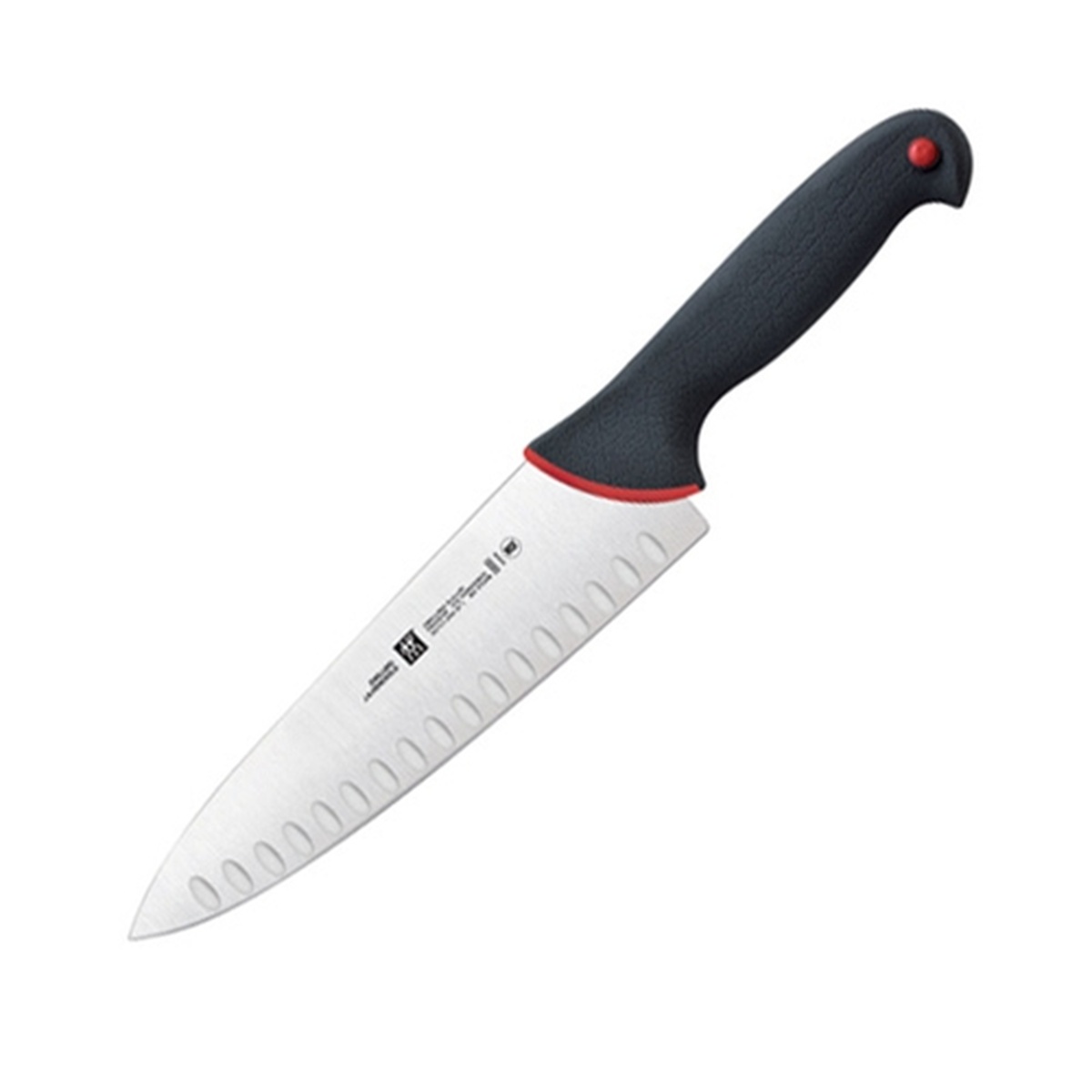 Zwilling J.A. Henckels KolorID 8-inch chef knife with black ergonomic handle, red ID button, and granton-edge stainless steel blade