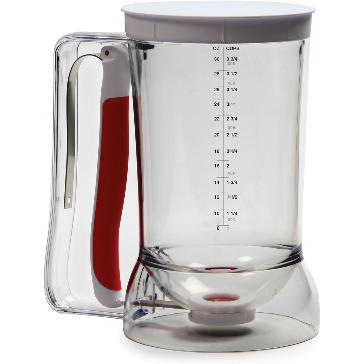 Norpro 4-Cup Batter Dispenser with clear body, white lid, red soft-grip handle, and measurement markings in ounces, cups, and milliliters