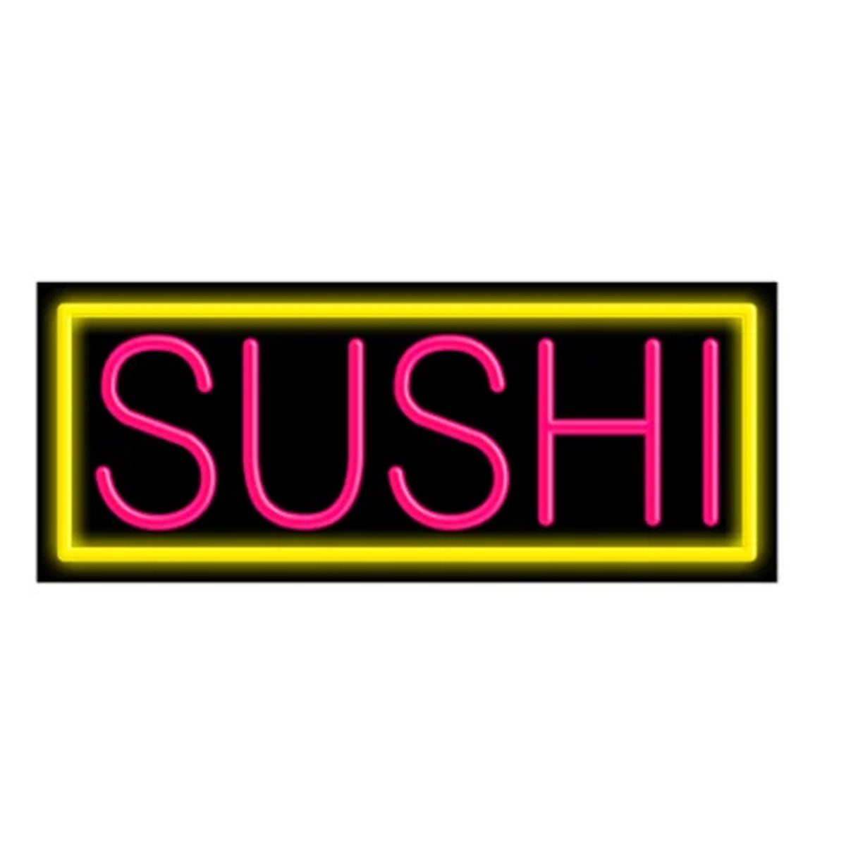 Neon sign displaying SUSHI in red lettering with a yellow rectangular border on a black acrylic backing