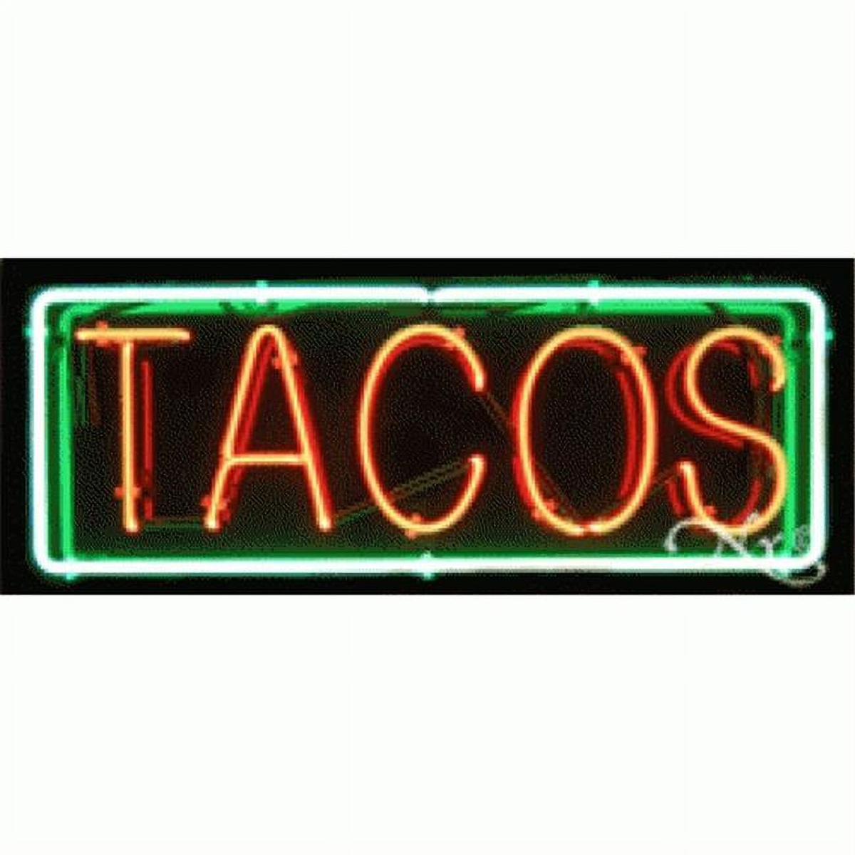 Arter Neon Tacos LED sign displaying red TACOS lettering inside a glowing green rectangular border