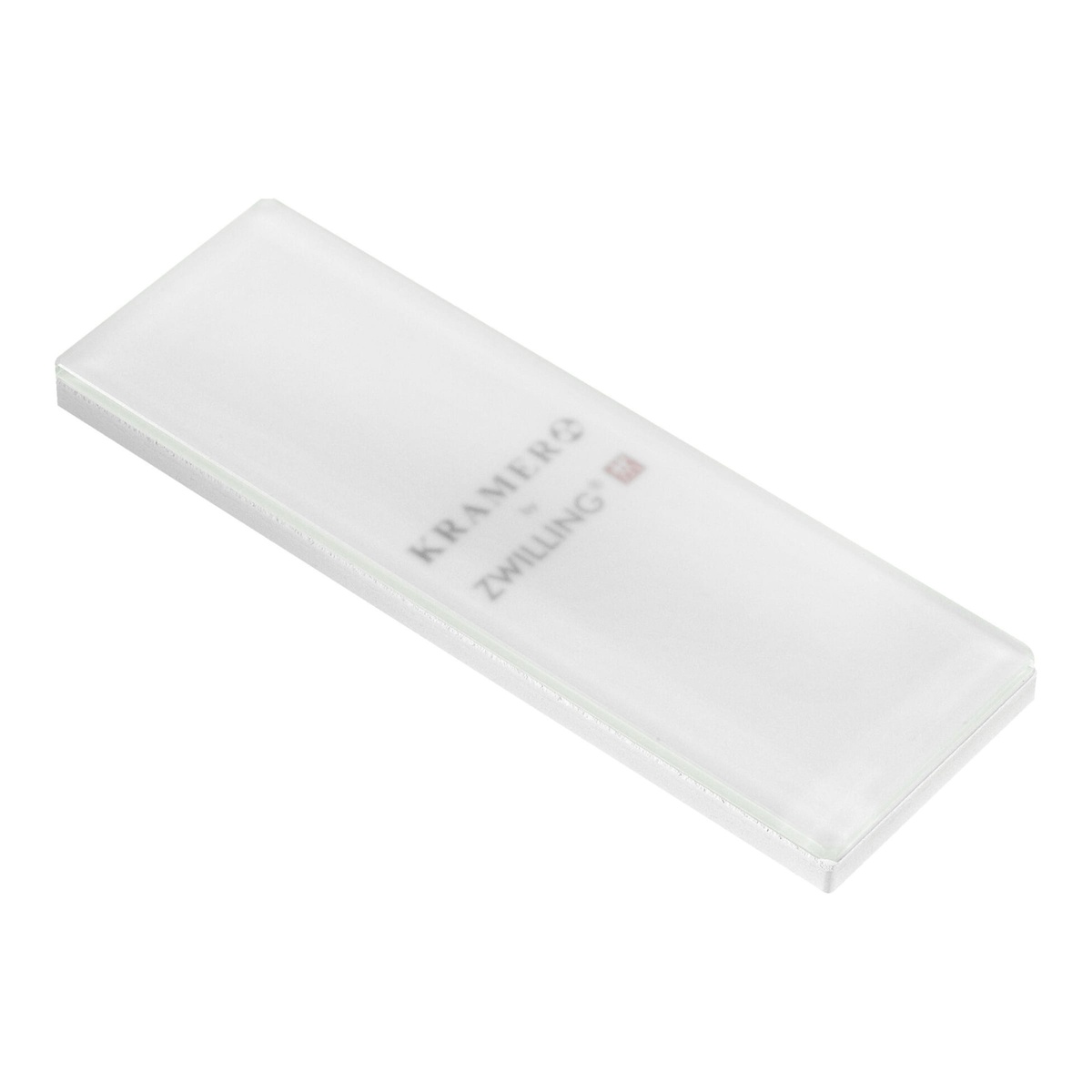 Zwilling Kramer glass sharpening stone angled view showing translucent glass body with Kramer by Zwilling branding