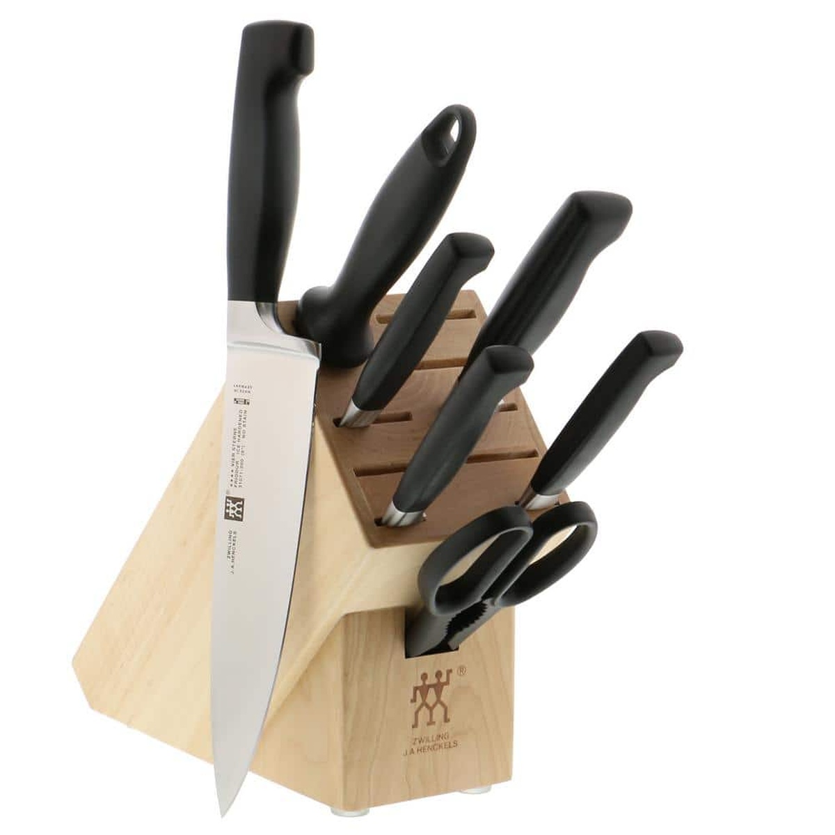 ZWILLING Four Star 8-piece knife block set with hardwood block, black-handled knives, kitchen shears, and honing steel