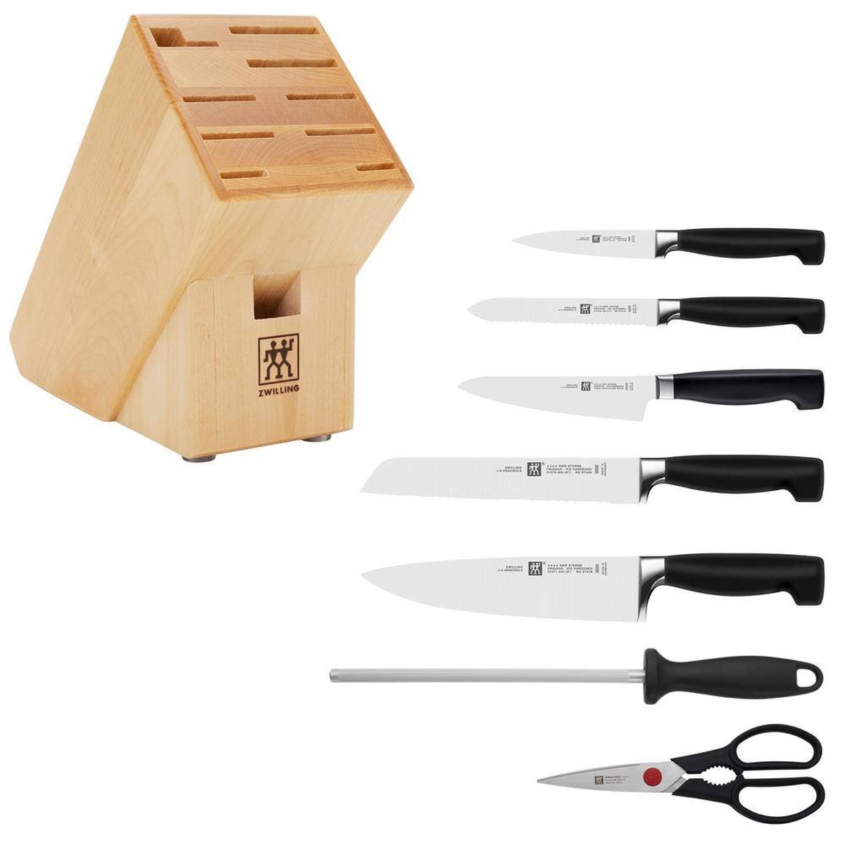 ZWILLING Four Star knife set laid flat showing all 5 knives, honing steel, kitchen shears, and natural hardwood block
