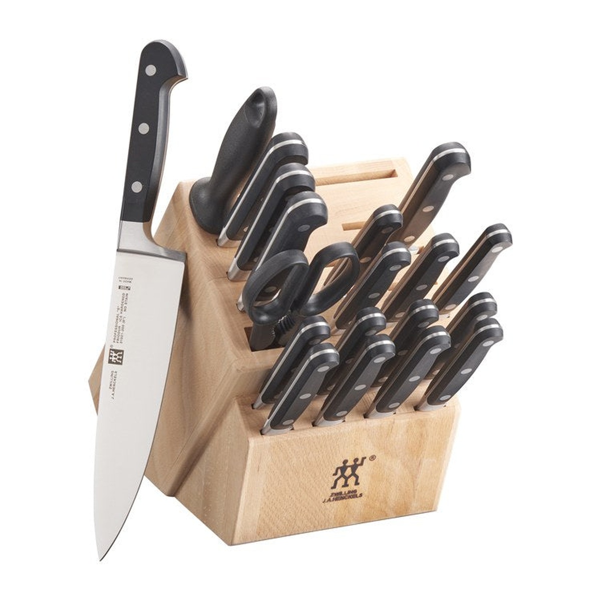 ZWILLING J.A. Henckels Professional S 20-piece knife block set with birchwood block and chef's knife displayed