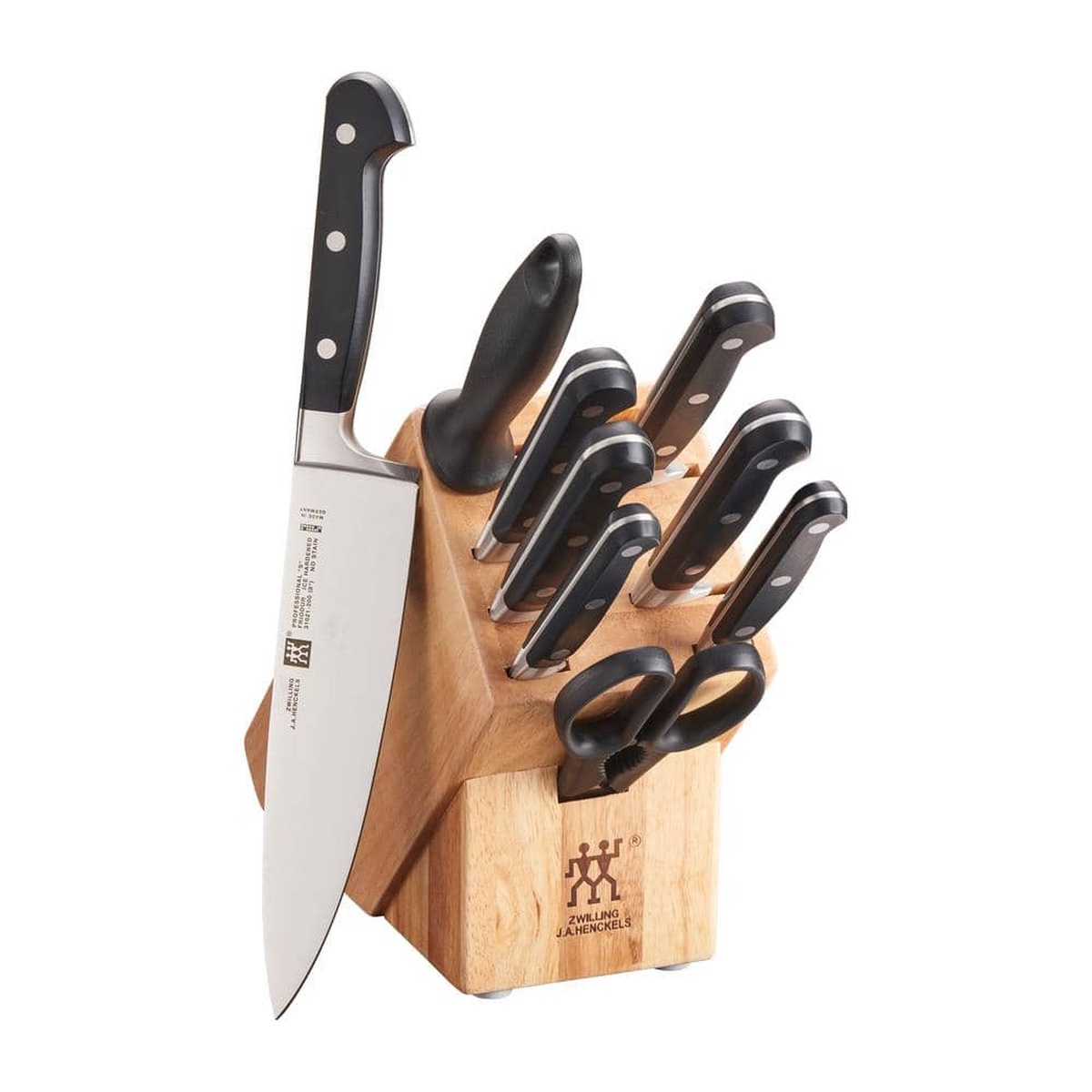 ZWILLING Professional S 10-piece knife block set with all knives stored in a natural hardwood block