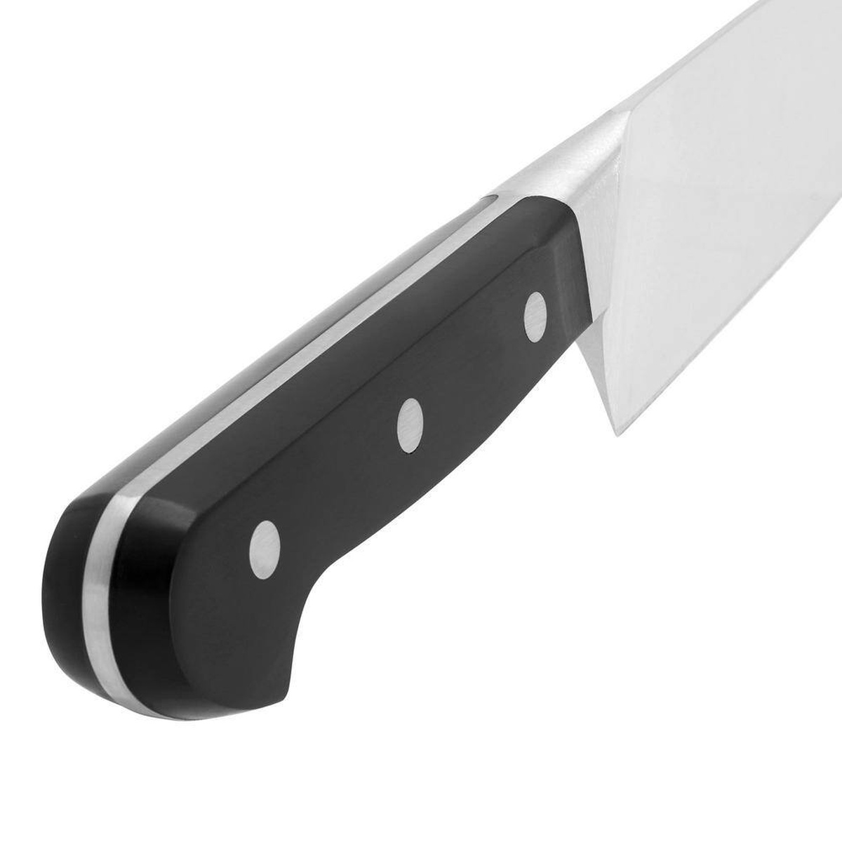 Close-up of ZWILLING Professional S knife showing three-rivet black polymer handle, sturdy bolster, and stainless steel blade