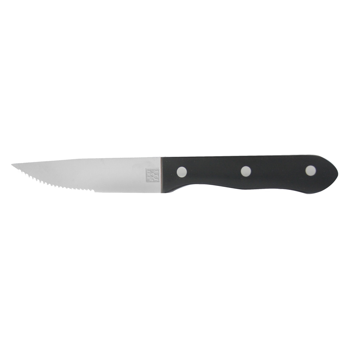 Zwilling 39040-000 4.5-inch jumbo steak knife with serrated stainless steel blade and black triple-riveted P.O.M. handle