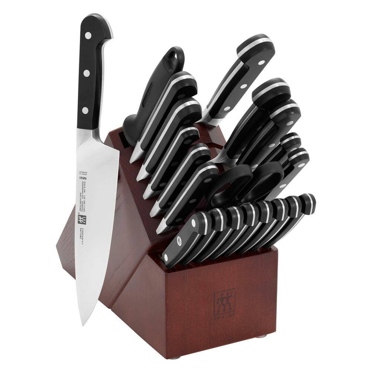 ZWILLING Pro 22-piece knife block set with all knives displayed in dark walnut wood block