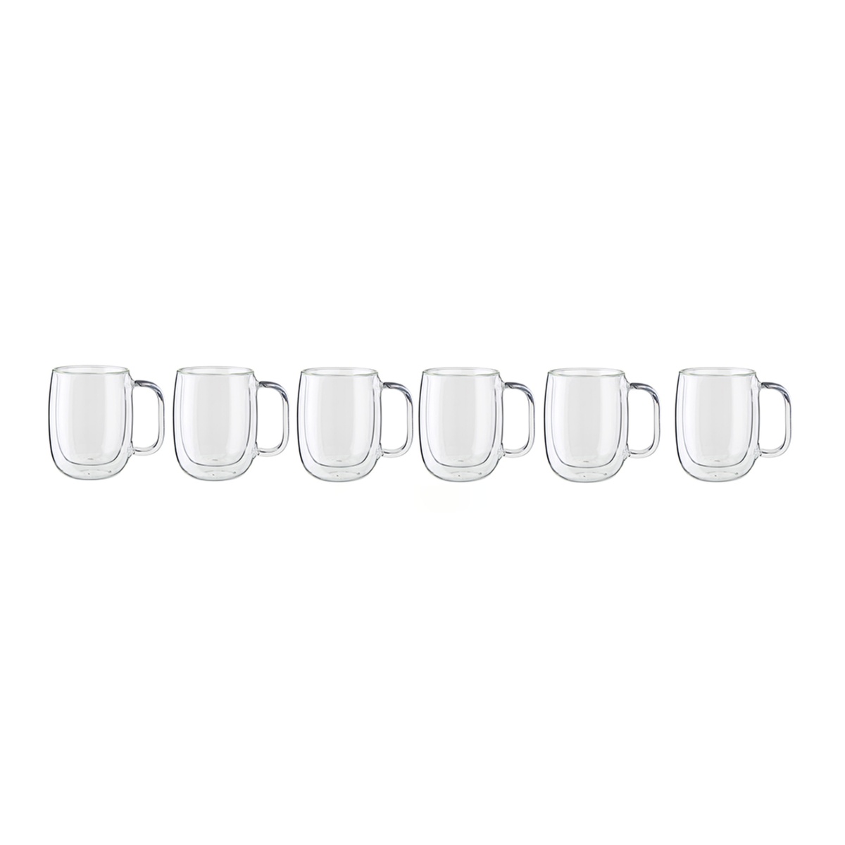 ZWILLING Sorrento Plus 12 oz double-wall glass coffee mugs, set of 8, arranged in a row on white background