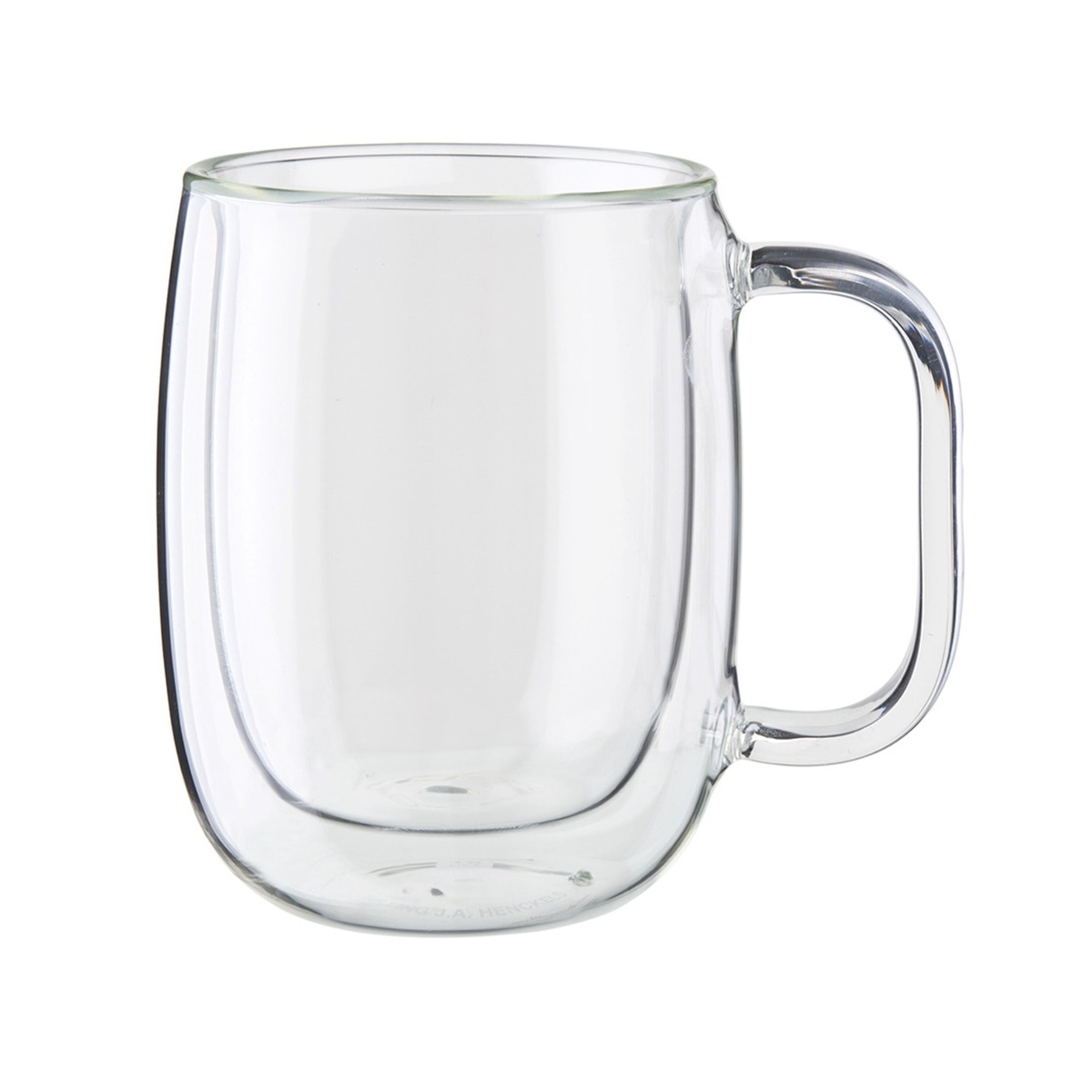 Single ZWILLING Sorrento Plus double-wall glass coffee mug with handle, shown on white background