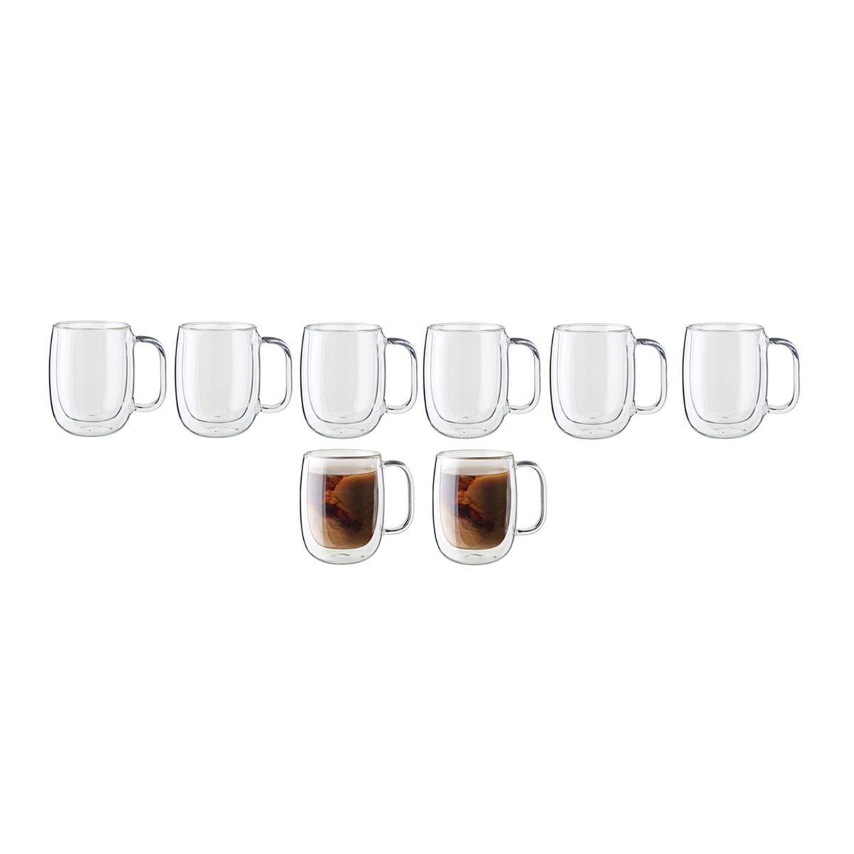 ZWILLING Sorrento Plus 8-piece mug set shown empty and filled with coffee on a white background