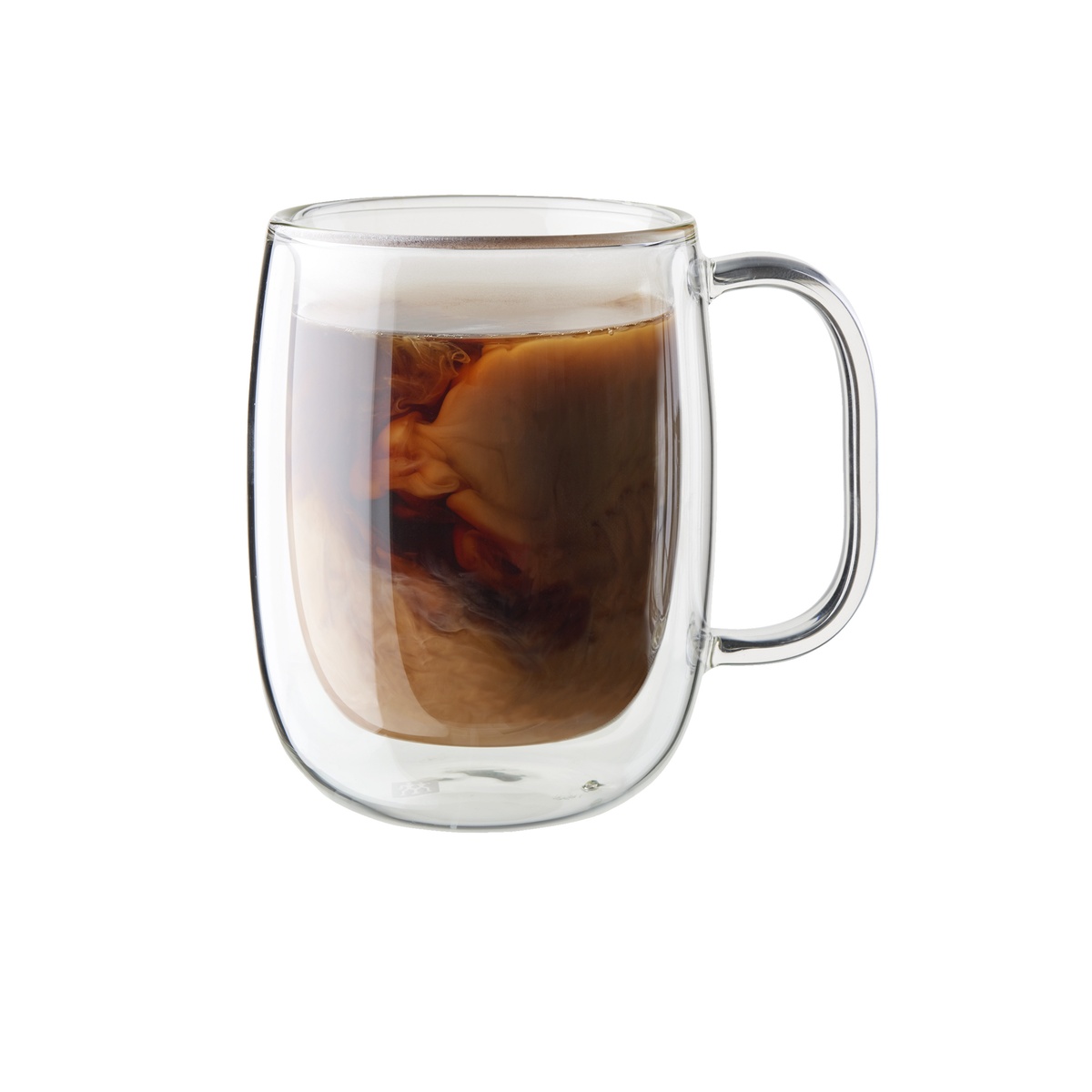 ZWILLING Sorrento Plus 12-oz double-wall glass coffee mug filled with a coffee drink, transparent borosilicate glass with integrated handle