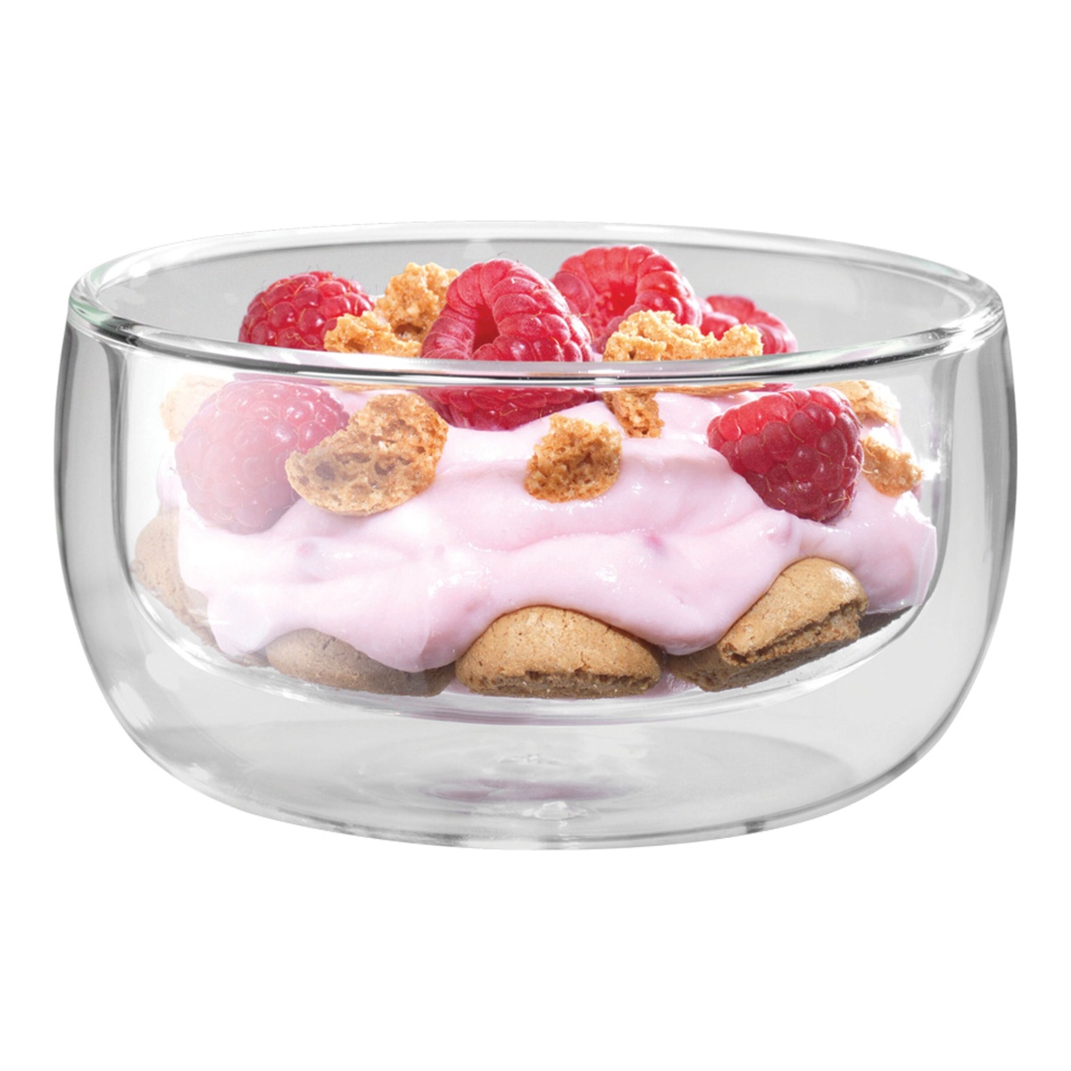 ZWILLING Sorrento double wall glass bowl filled with yogurt, raspberries, and granola on white background