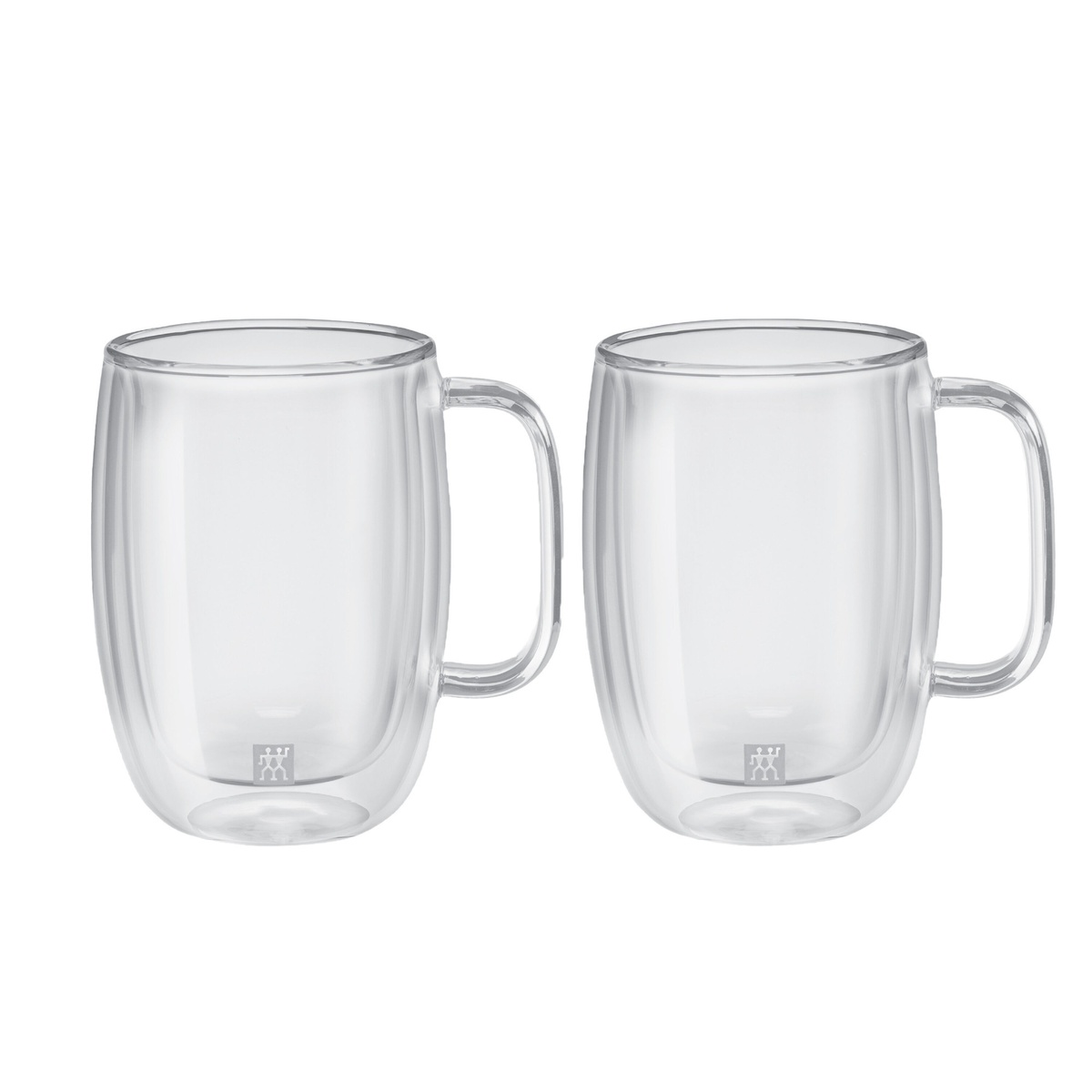 Set of two ZWILLING Sorrento Plus clear double wall glass latte mugs with handles on white background