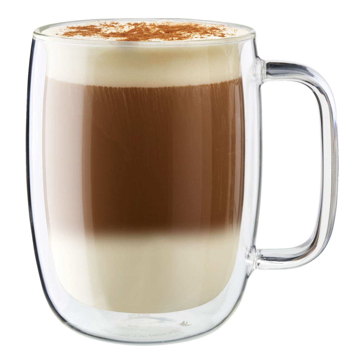 ZWILLING Sorrento Plus double wall latte glass mug filled with a layered latte topped with cinnamon foam