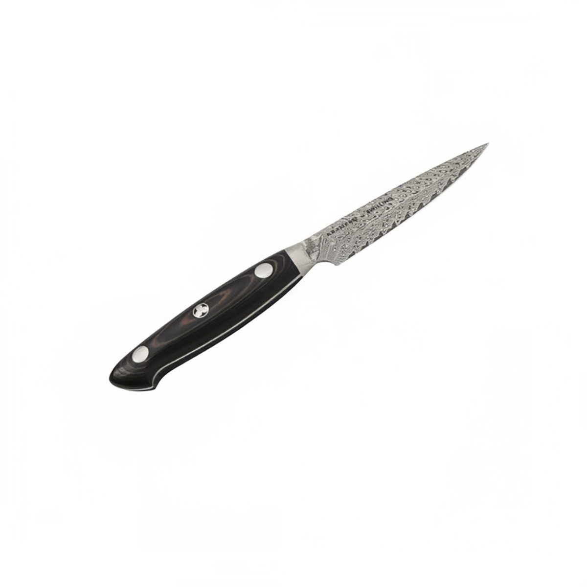 KRAMER by ZWILLING paring knife shown at an angle highlighting the Damascus blade texture and riveted black Micarta handle