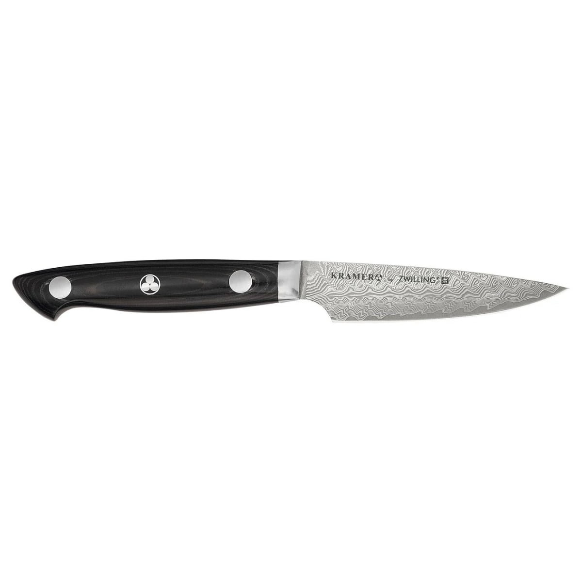 KRAMER by ZWILLING Euroline Damascus 3.5-inch paring knife with black linen Micarta handle and Chevron Damascus blade pattern