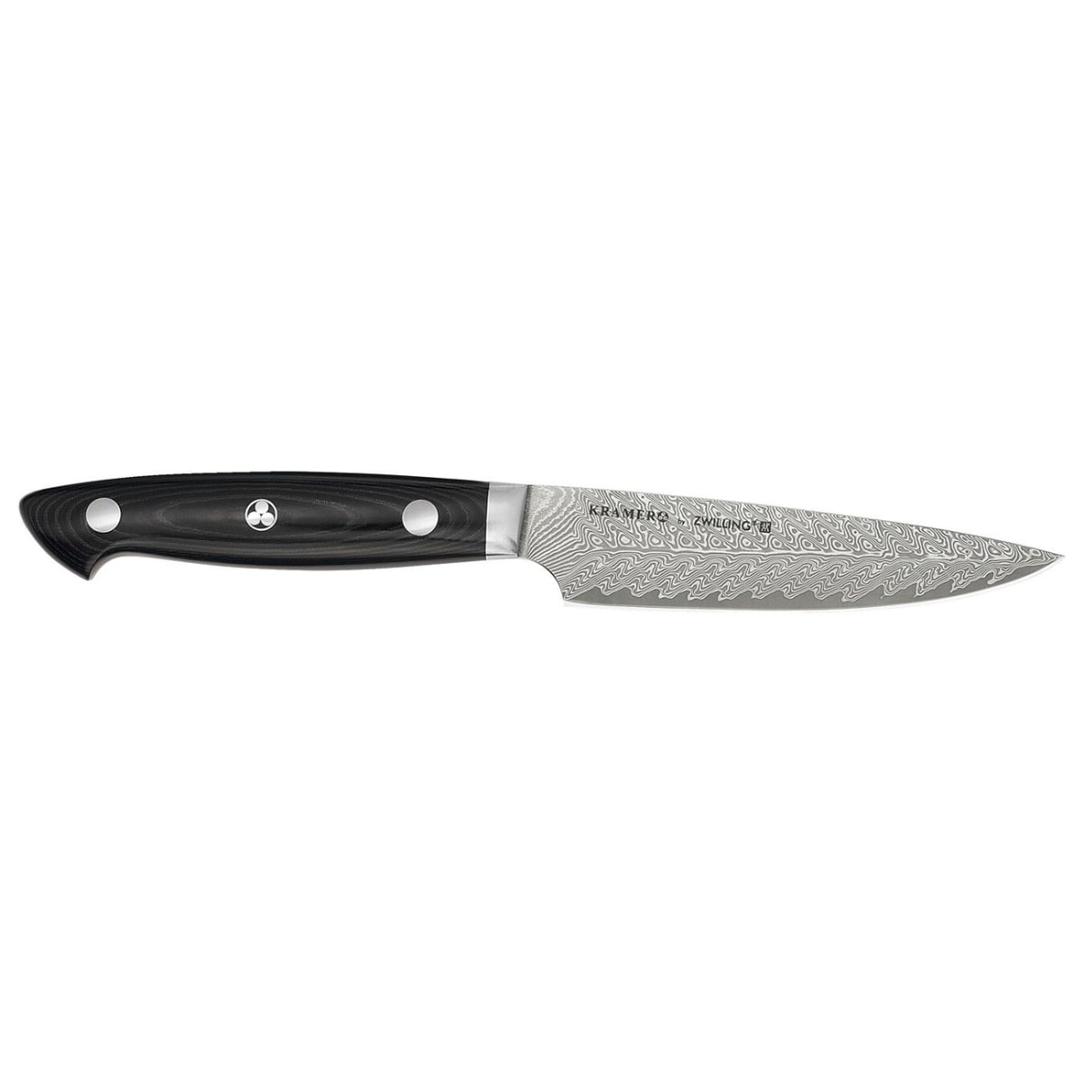 Zwilling Kramer Euroline 5-inch utility knife with black linen Micarta handle and 101-layer Chevron Damascus blade on white background