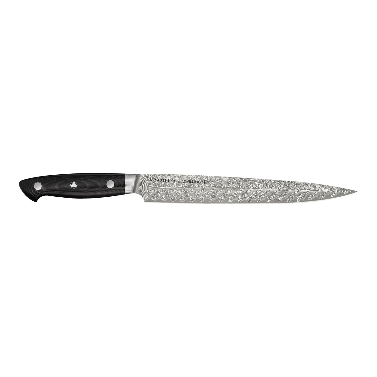 KRAMER by ZWILLING EUROLINE 9-inch Stainless Damascus carving knife with black linen Micarta handle and riveted mosaic pin, full blade view