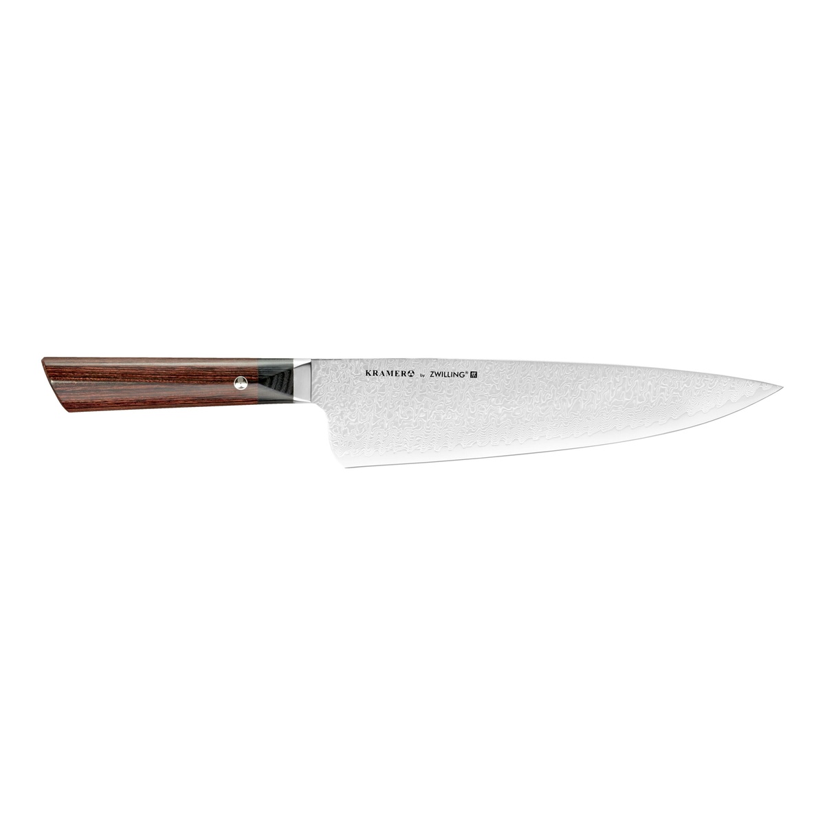 Kramer by ZWILLING Meiji chef's knife with patterned blade and wood handle on white background