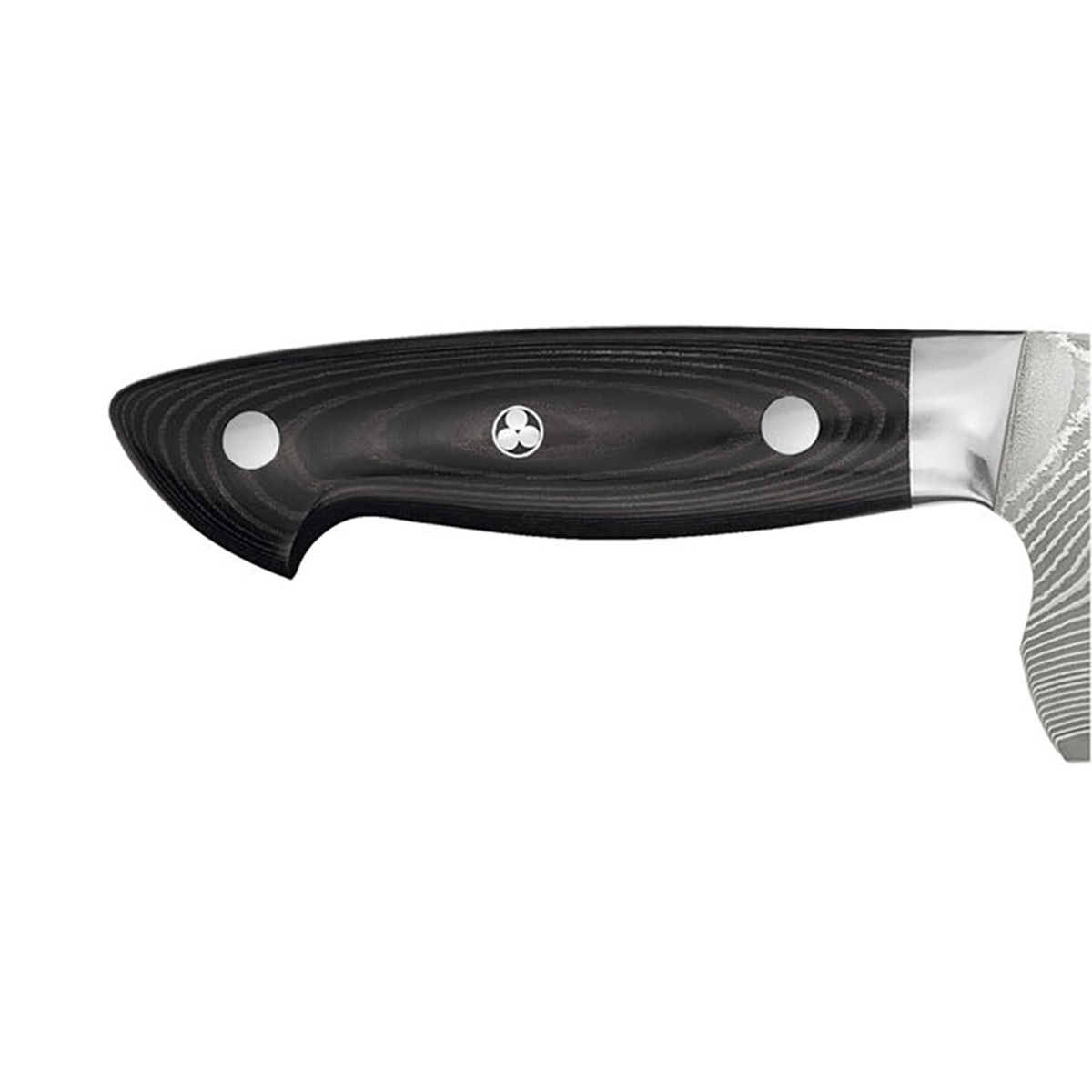 Close up of the black linen Micarta handle with Bob Kramer mosaic pin