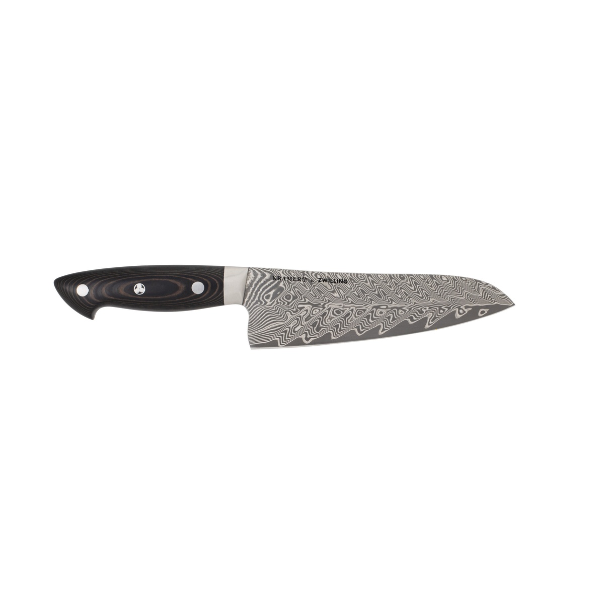 KRAMER by ZWILLING Santoku Knife showing black linen Micarta handle with mosaic pin and Damascus blade detail, angled view