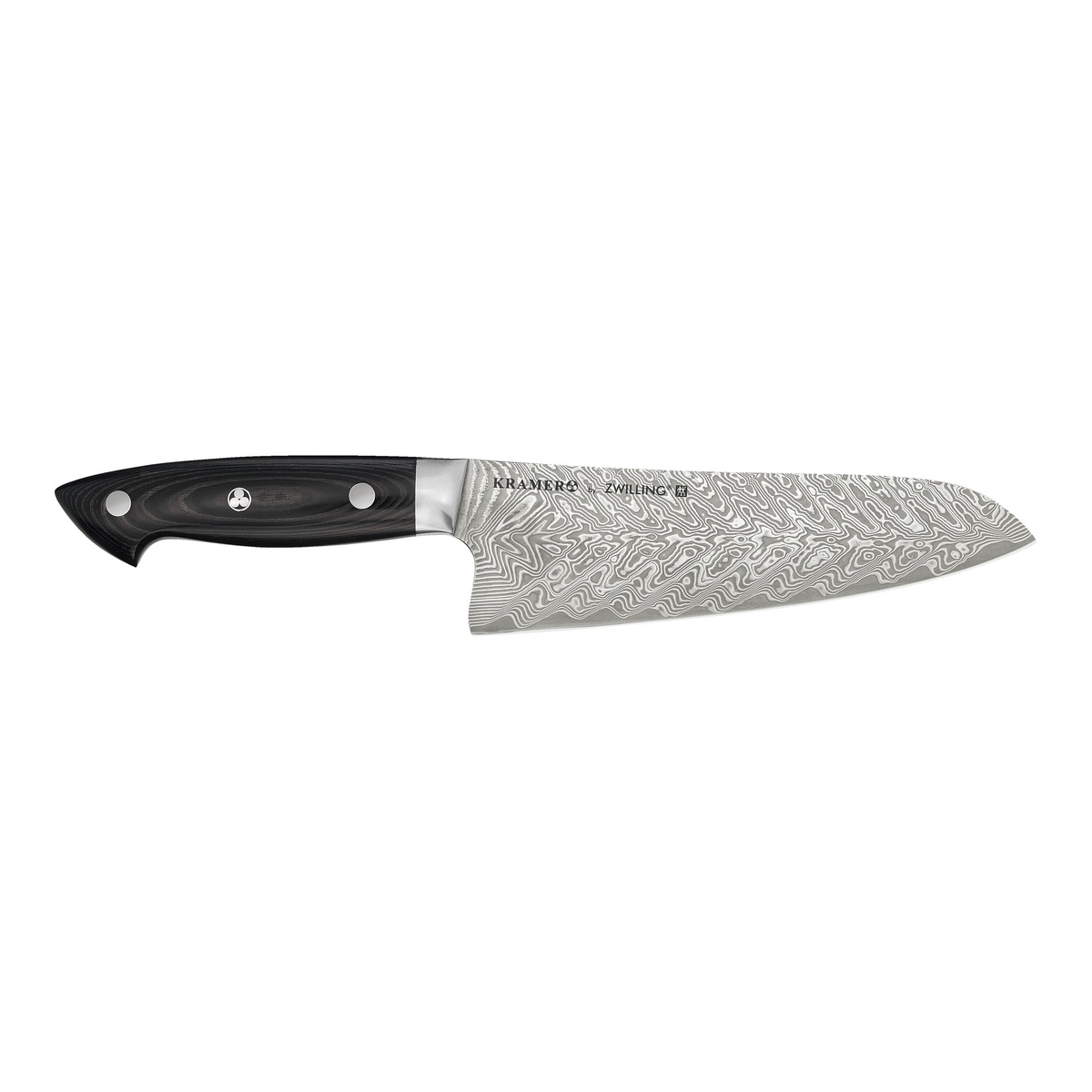 KRAMER by ZWILLING 7-inch Santoku Knife with 101-layer Chevron Damascus blade and black Micarta handle, full side profile
