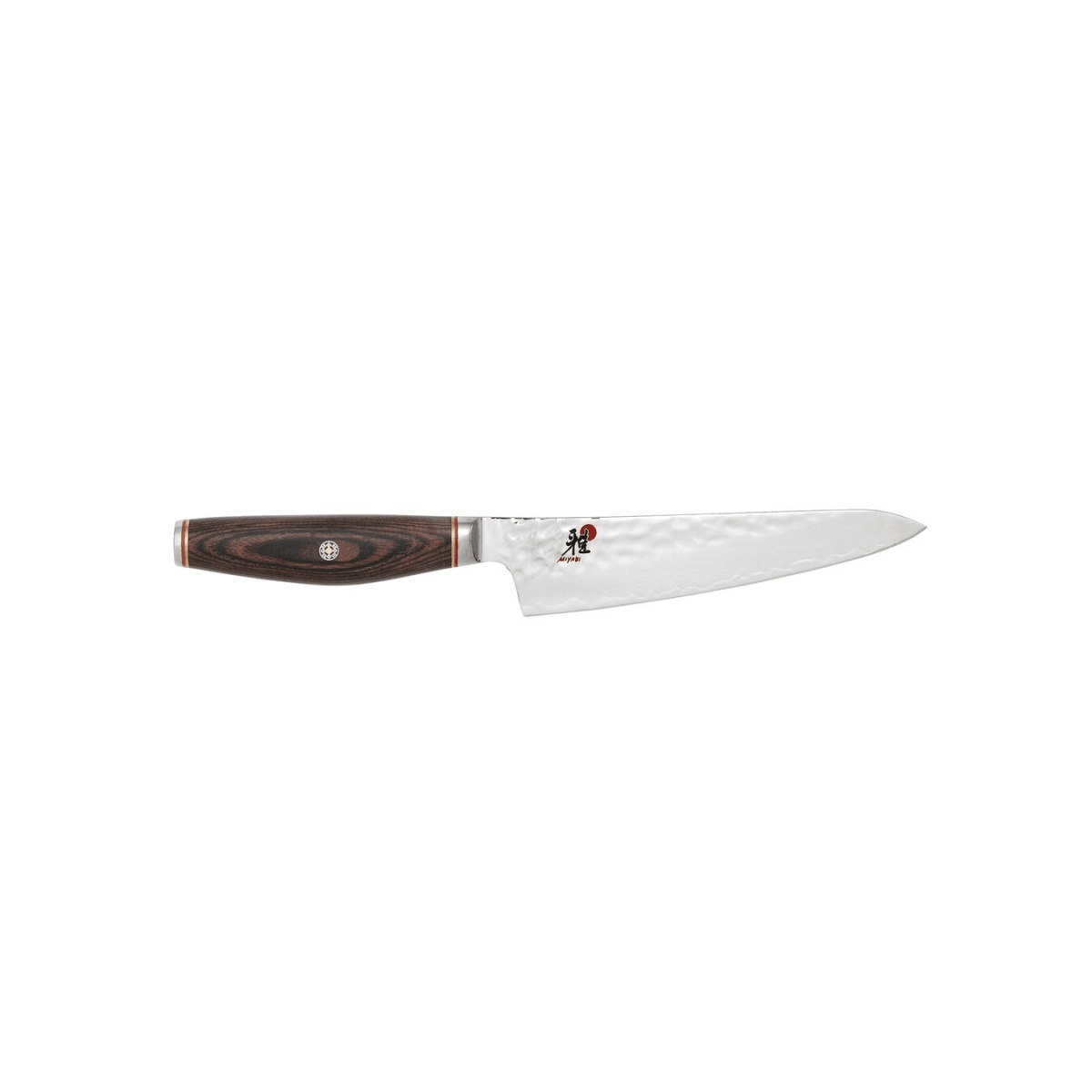 Miyabi Artisan 5-inch prep knife showing hammered Tsuchime blade and Cocobolo Rosewood pakkawood handle