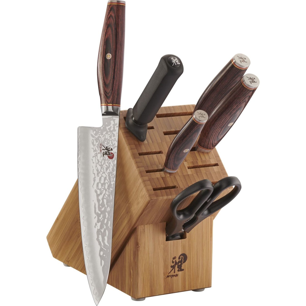 Full 7-piece Miyabi Artisan knife set with bamboo block on white background