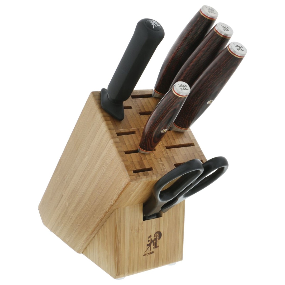 Rear view of the Miyabi Artisan bamboo knife block showing handle details