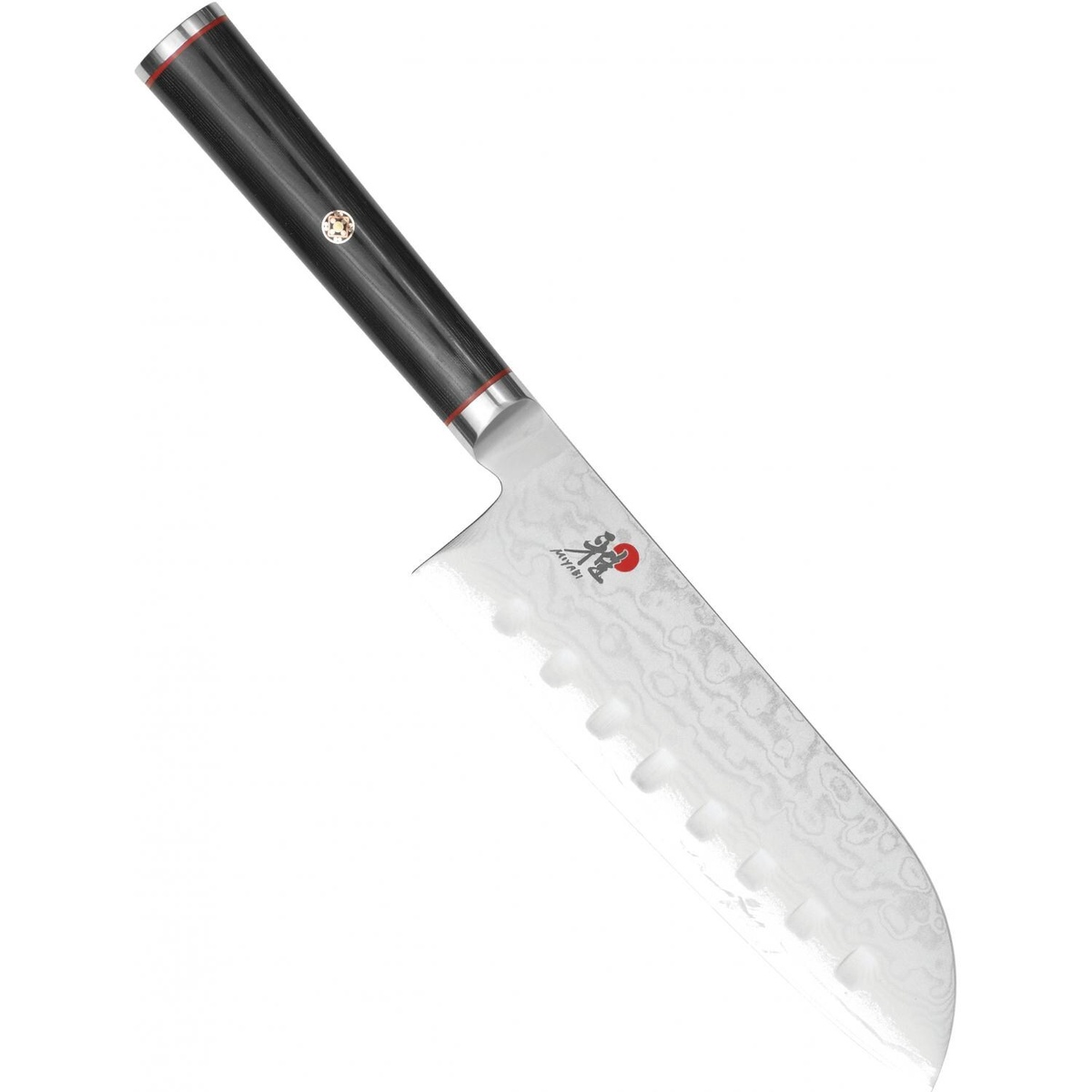 Miyabi Kaizen 5.5-inch Granton Santoku knife with black linen Micarta D-shaped handle, mosaic pin accent, red spacer, and 65-layer Damascus steel blade on white background
