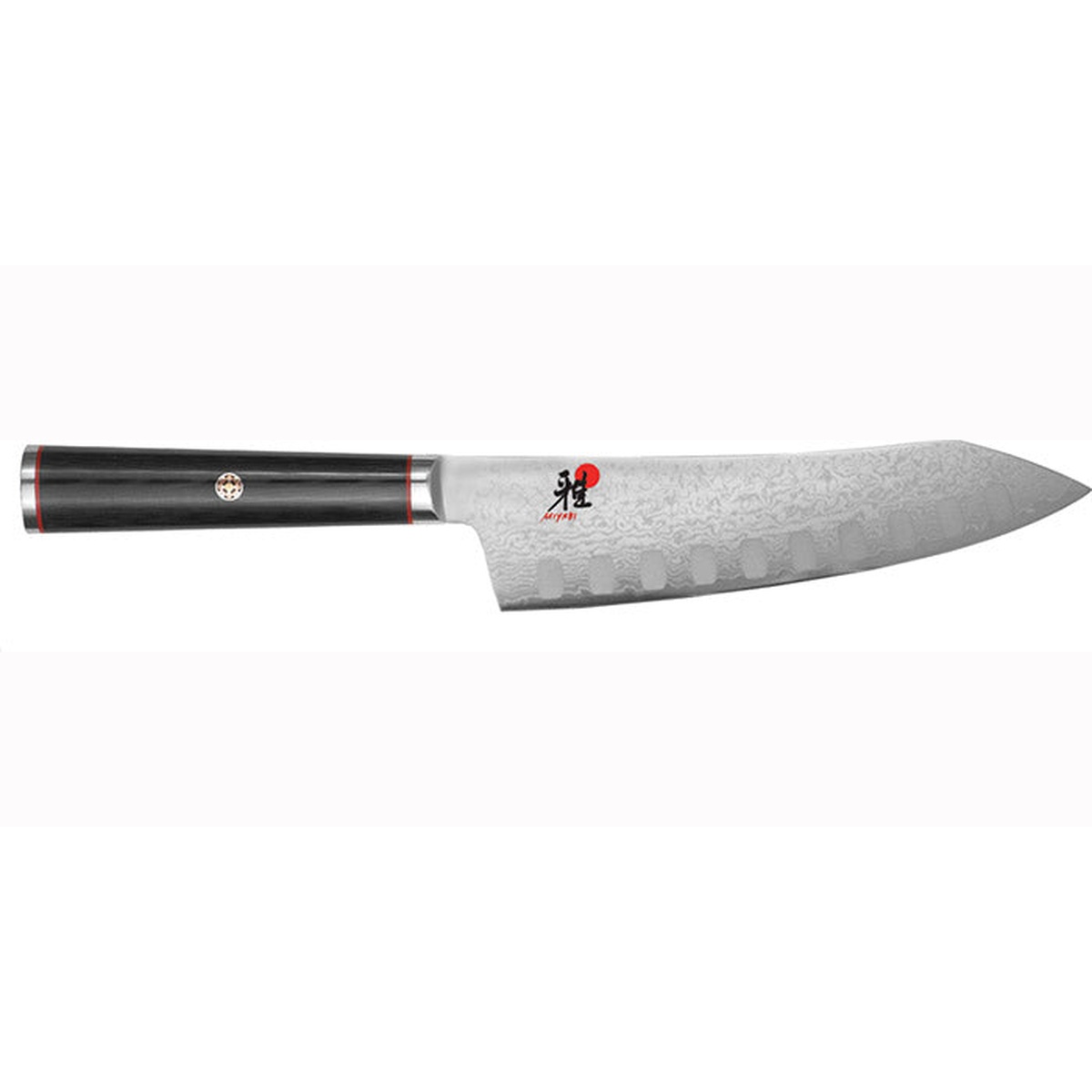 Miyabi Kaizen 7-inch Rocking Granton Santoku knife with black linen Micarta D-shaped handle and Flower Damascus blade