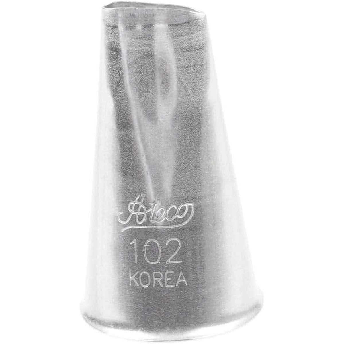 Ateco 102 rose petal piping tip front view showing petal-shaped opening and engraved branding