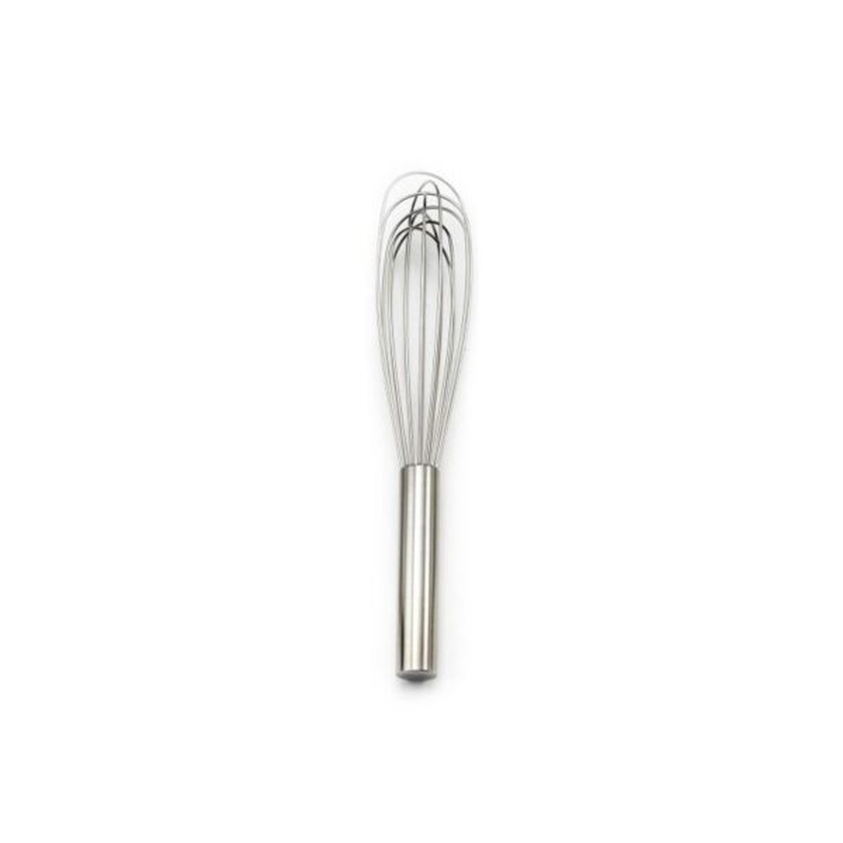 Best Manufacturers stainless steel whisk with elongated wire head and cylindrical handle on white background