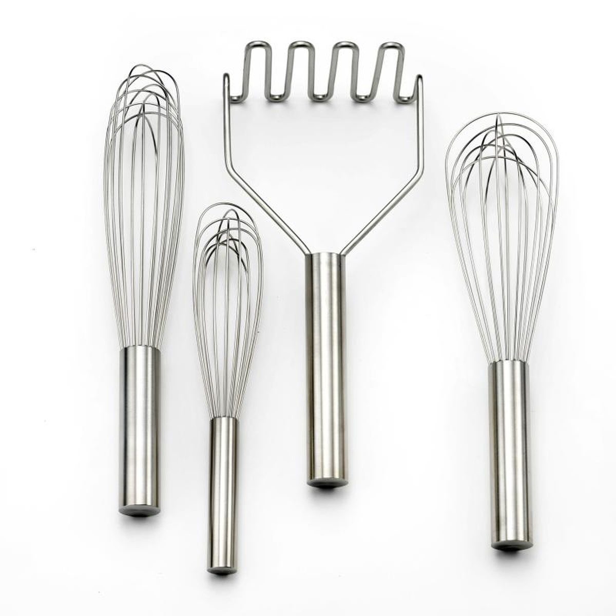 Collection of stainless steel kitchen tools including balloon whisks, French whisk, and masher on white background