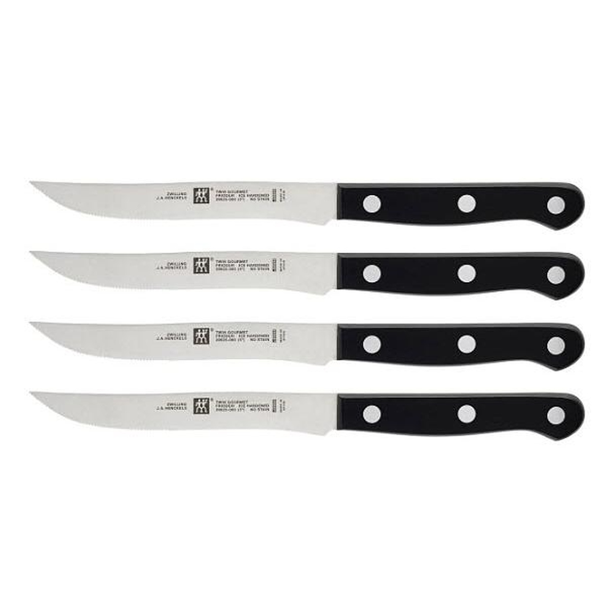 ZWILLING Twin Gourmet 4-piece steak knife set with black POM handles and stainless steel blades arranged horizontally