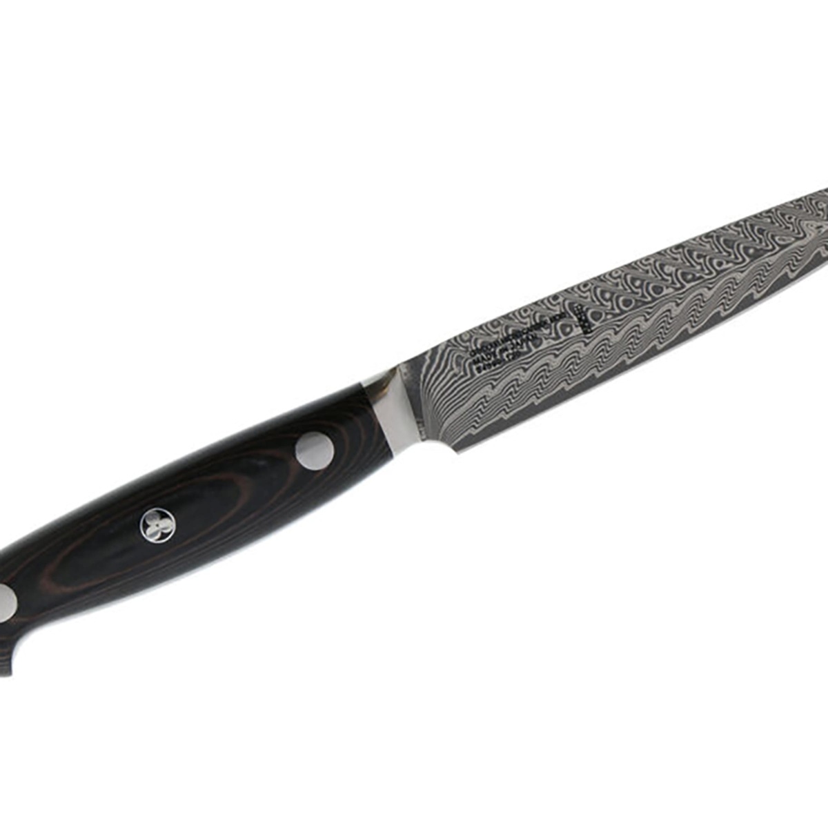 Close-up of the 100-layer Damascus pattern on a Zwilling Kramer Euroline steak knife blade with black Micarta handle